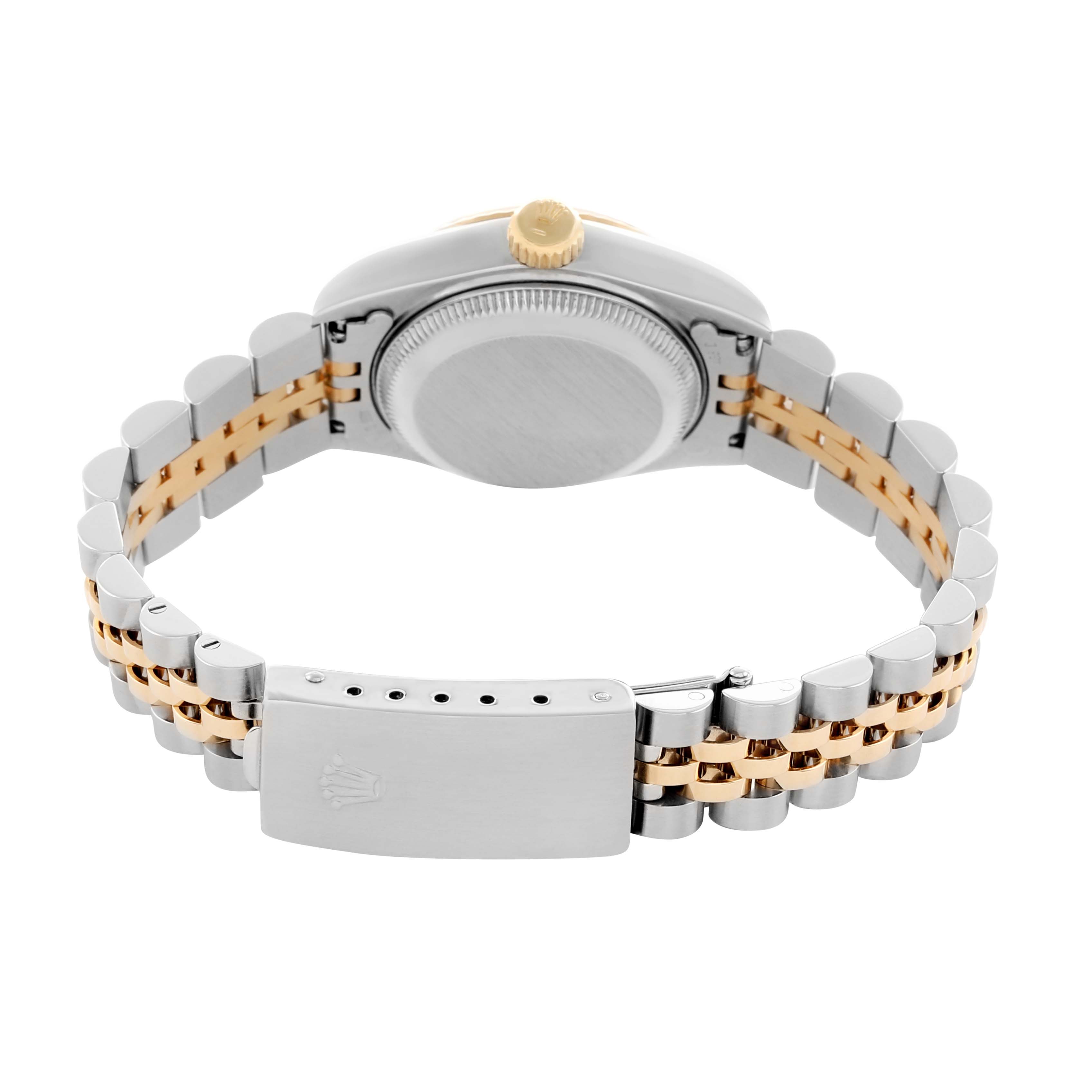 The image shows the back of a Rolex Datejust 69173 Women's Steel and Gold (two tone) Champagne Dial watch, focusing on the bracelet and clasp.