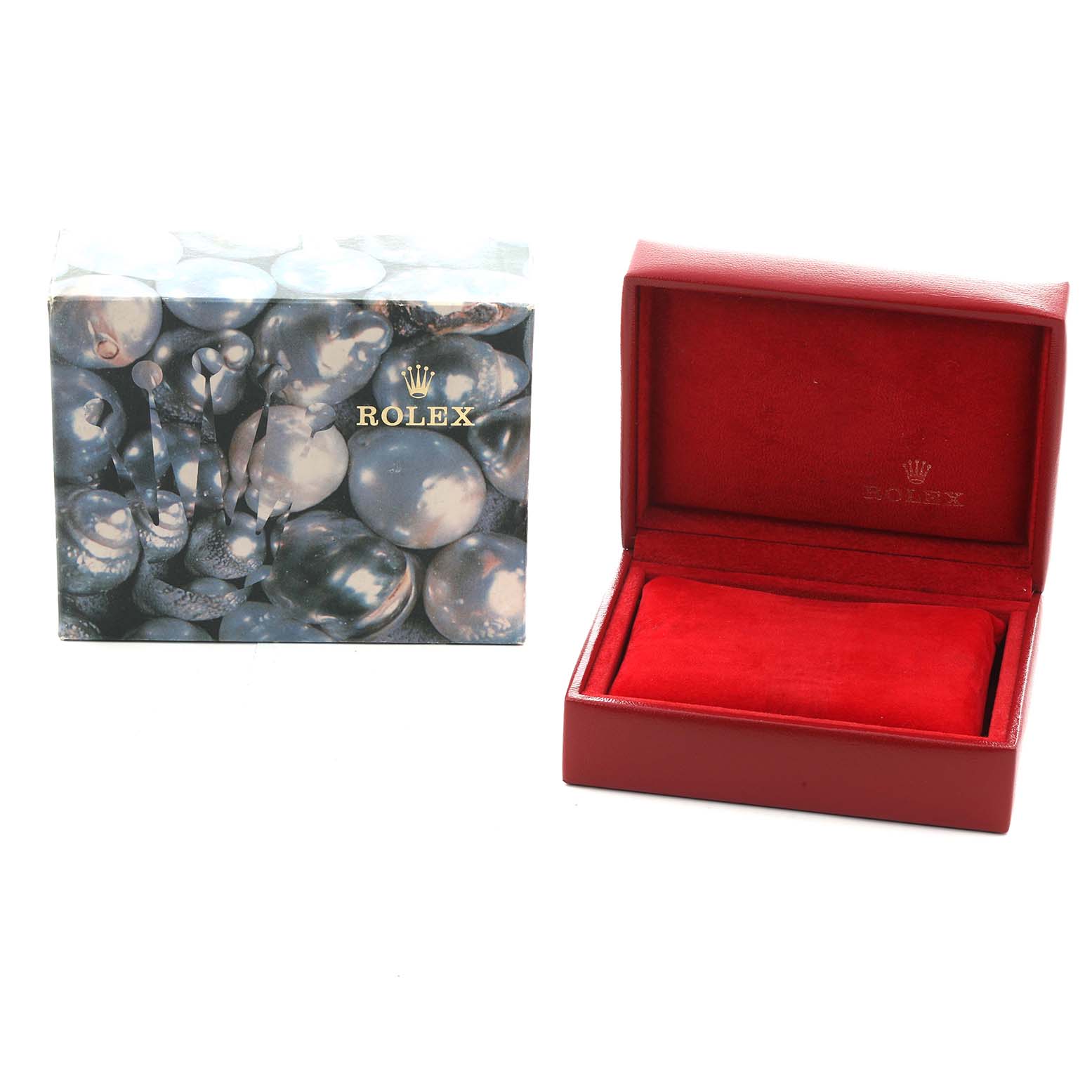 The image shows a Rolex Datejust 69173 Women's Steel and Gold (two tone) Champagne Dial watch box with an open red interior and a separate decorative outer box with a pearl design.