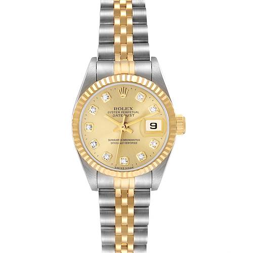 The Datejust model by Rolex is shown from a top view, displaying the dial, bezel, and bracelet.