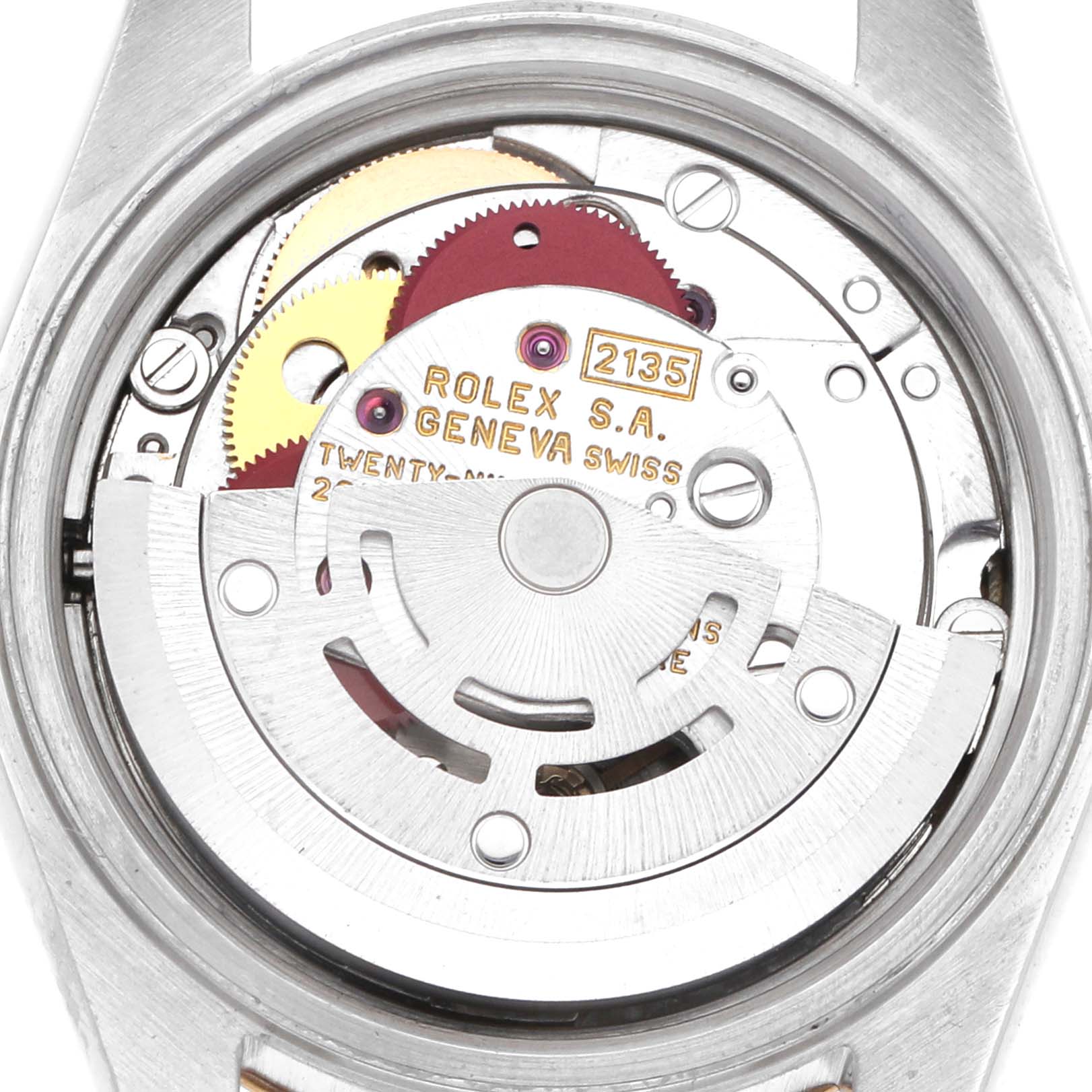 The image shows the movement of a Rolex Datejust 69173 Women's Steel and Gold (two tone) Champagne Dial watch from a rear angle, highlighting its intricate gears and rotor.