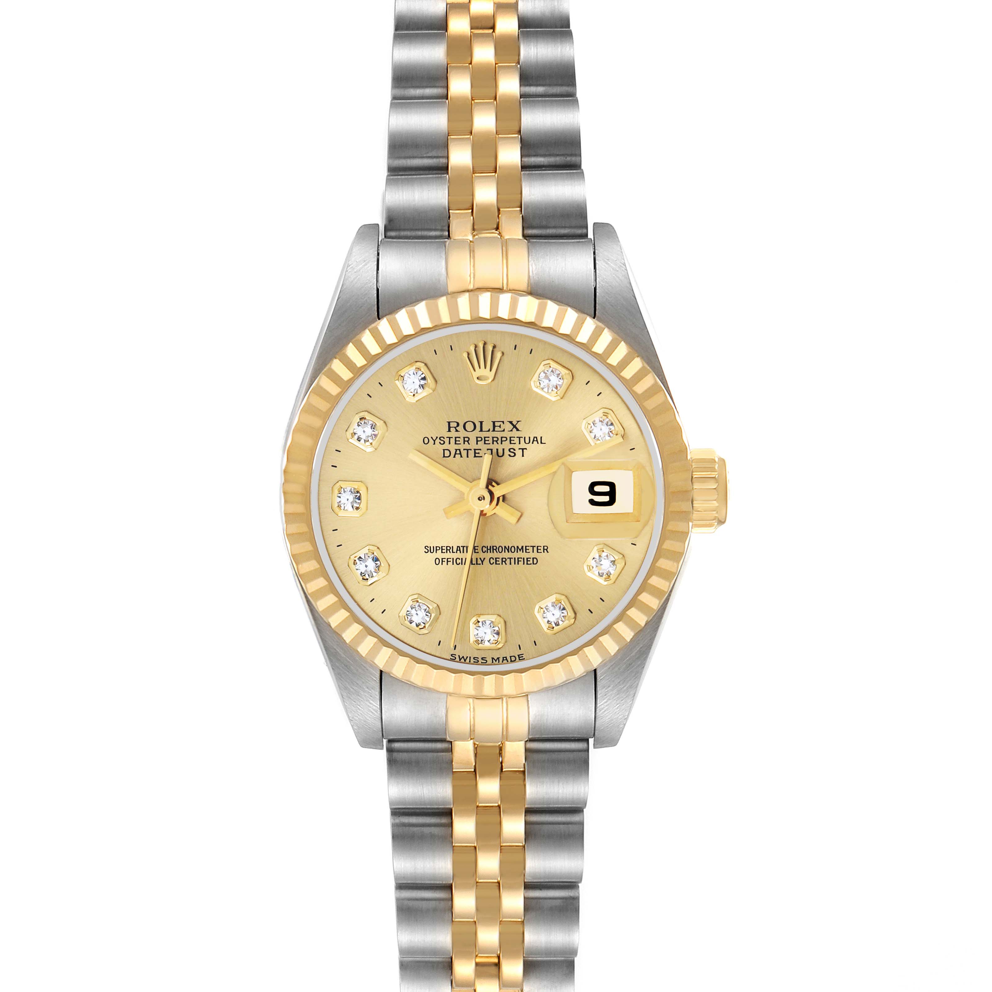 The Rolex Datejust 69173 Women's Steel and Gold (two tone) Champagne Dial watch is shown from a top-down angle, highlighting its gold and silver bracelet, bezel, and date display.