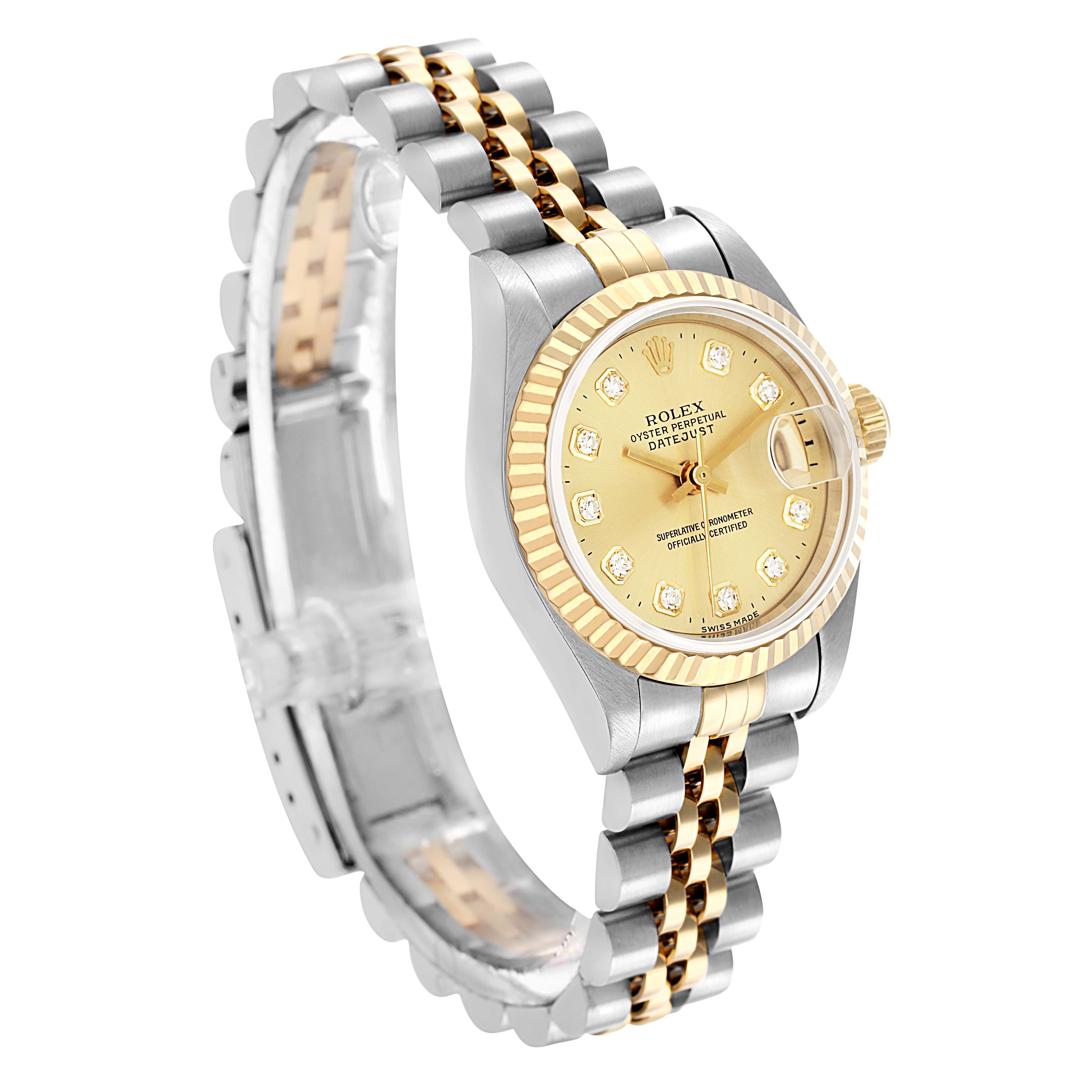 The Rolex Datejust 69173 Women's Steel and Gold (two tone) Champagne Dial watch is shown at a three-quarter angle, highlighting its gold dial, fluted bezel, and two-tone Jubilee bracelet.