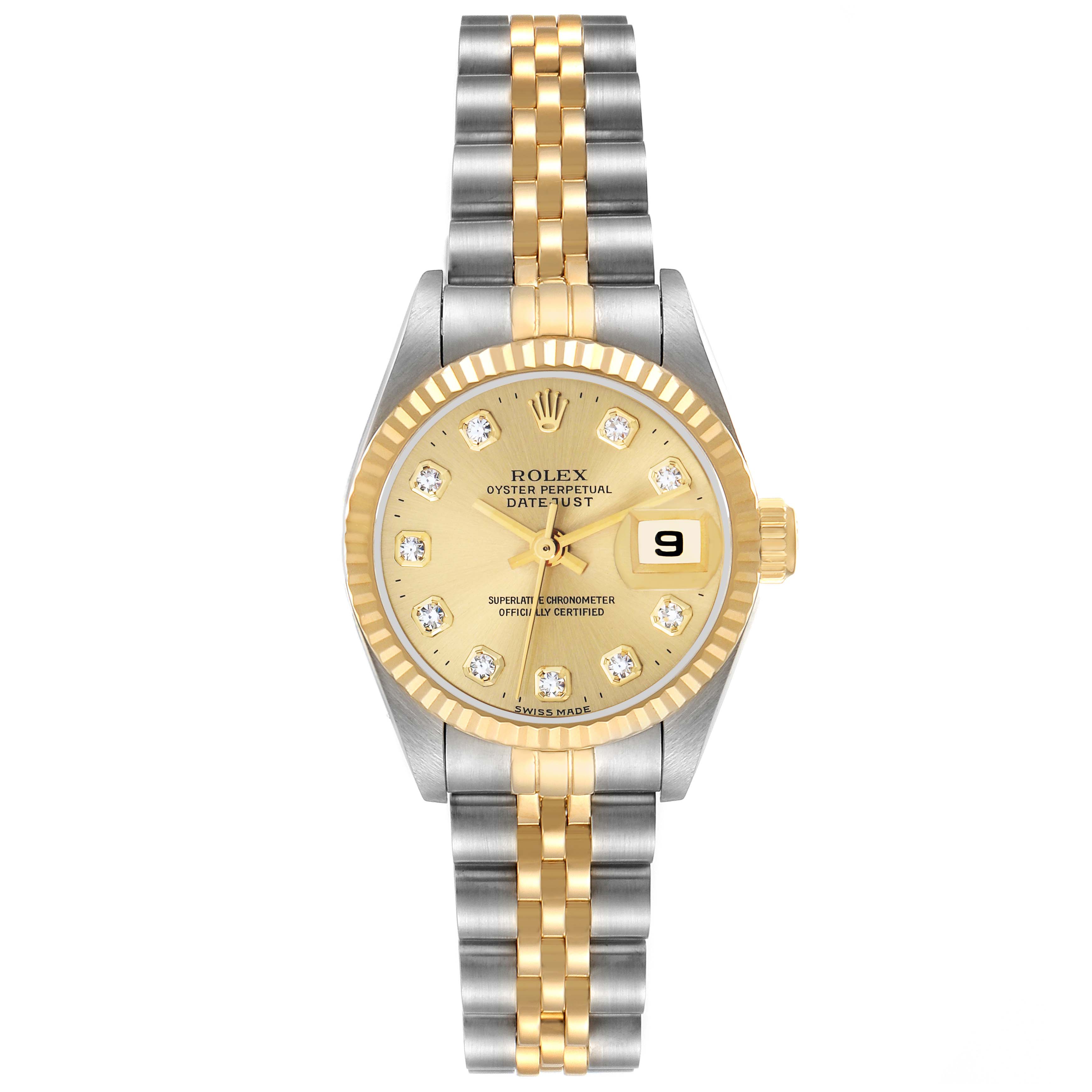 The Rolex Datejust 69173 Women's Steel and Gold (two tone) Champagne Dial watch is shown from a frontal angle, displaying the dial, bezel, bracelet, and date window.