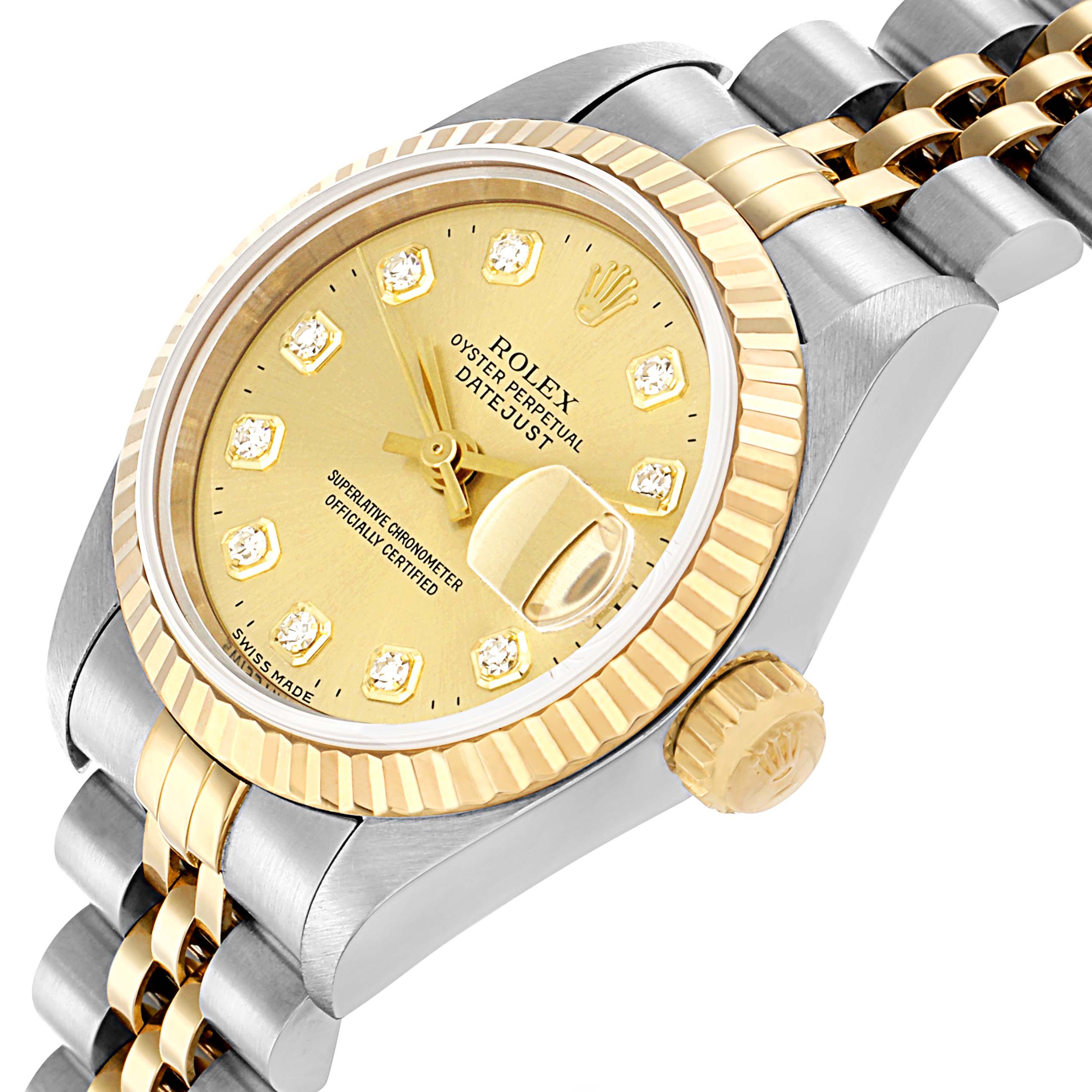 The image shows a Rolex Datejust 69173 Women's Steel and Gold (two tone) Champagne Dial watch from a slightly angled side view, highlighting the gold dial, fluted bezel, and two-tone bracelet.