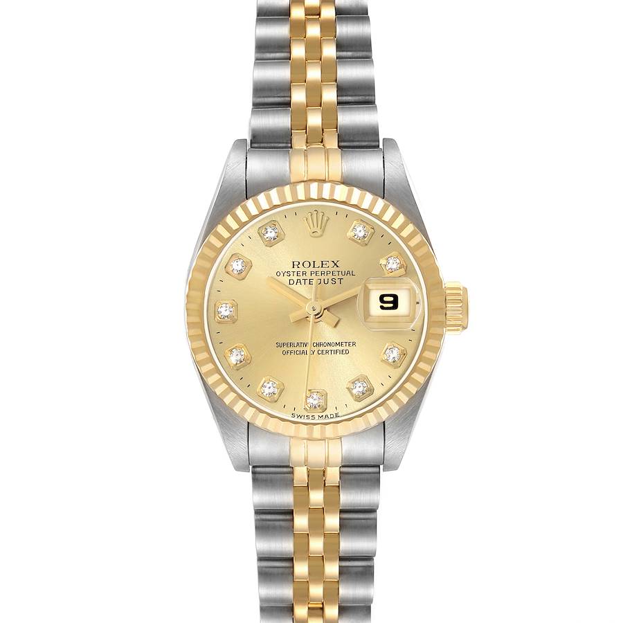 The Rolex Datejust 69173 Women's Steel and Gold (two tone) Champagne Dial watch is shown from a top-down angle, highlighting the gold dial, fluted bezel, date window, and two-tone Jubilee bracelet.