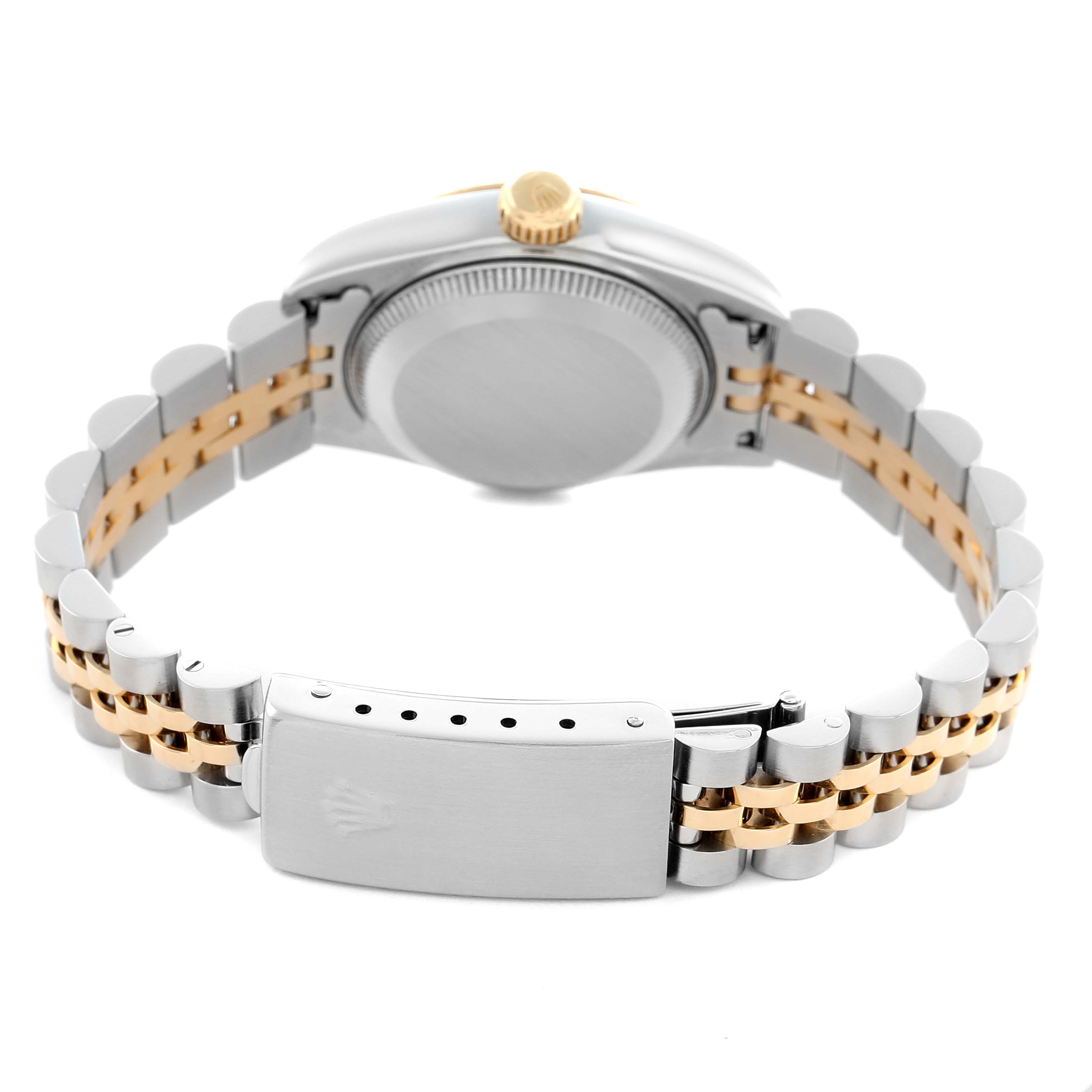 The image shows the back and clasp of a Rolex Datejust 69173 Women's Steel and Gold (two tone) Champagne Dial watch, showcasing its two-tone bracelet and crown.