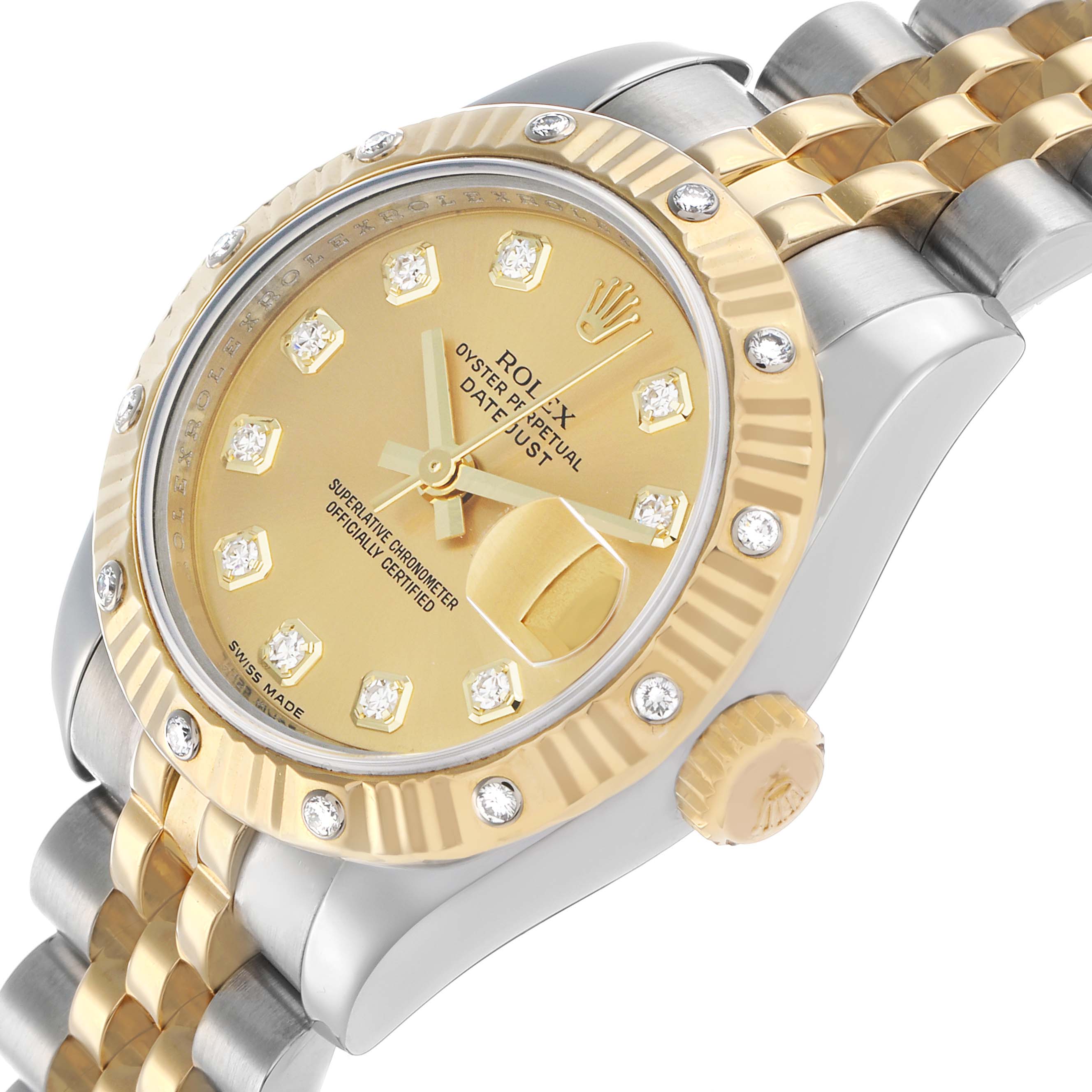 The Rolex Datejust 179313 Women's Steel and Gold (two tone) Champagne Dial watch is shown at an angle highlighting the face, fluted bezel, crown, and part of the bracelet.