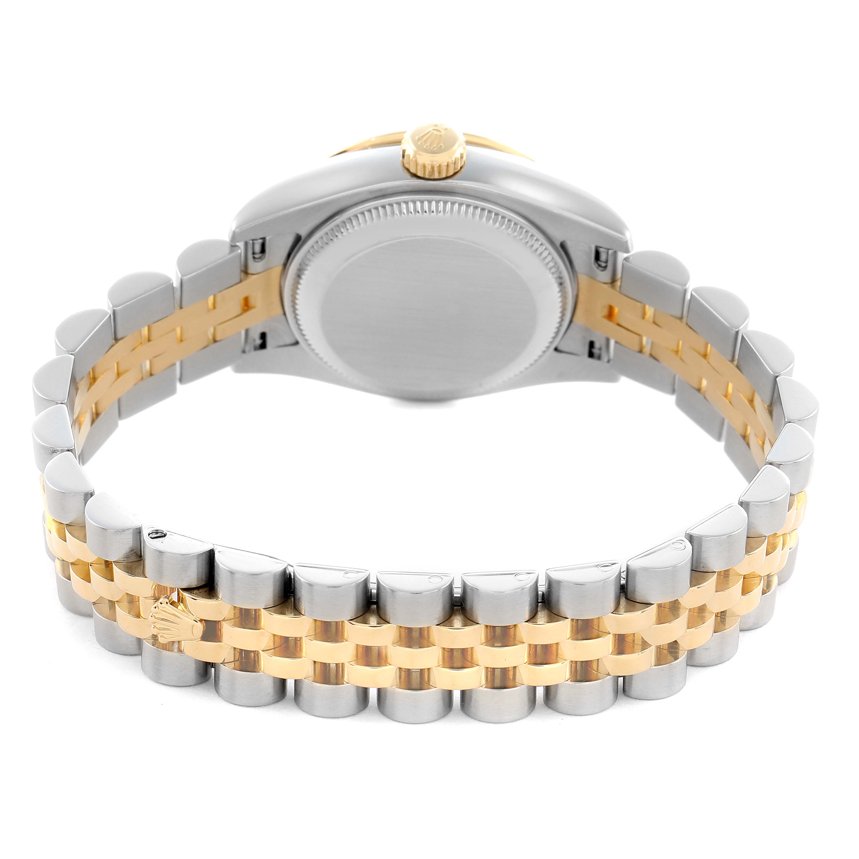 The image shows the back of a Rolex Datejust 179313 Women's Steel and Gold (two tone) Champagne Dial with its Jubilee bracelet and crown, highlighting the clasp and case back.