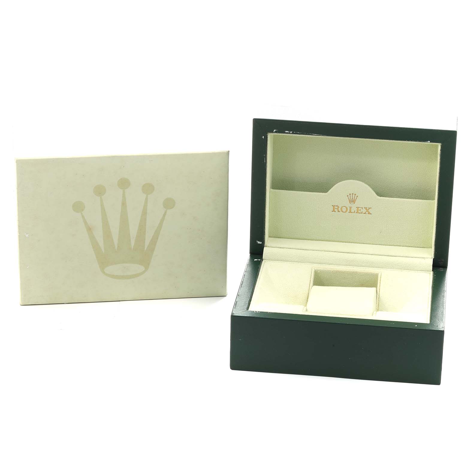 The image shows the open box and outer cover for a Rolex Datejust 179313 Women's Steel and Gold (two tone) Champagne Dial watch, featuring the crown logo and branding.