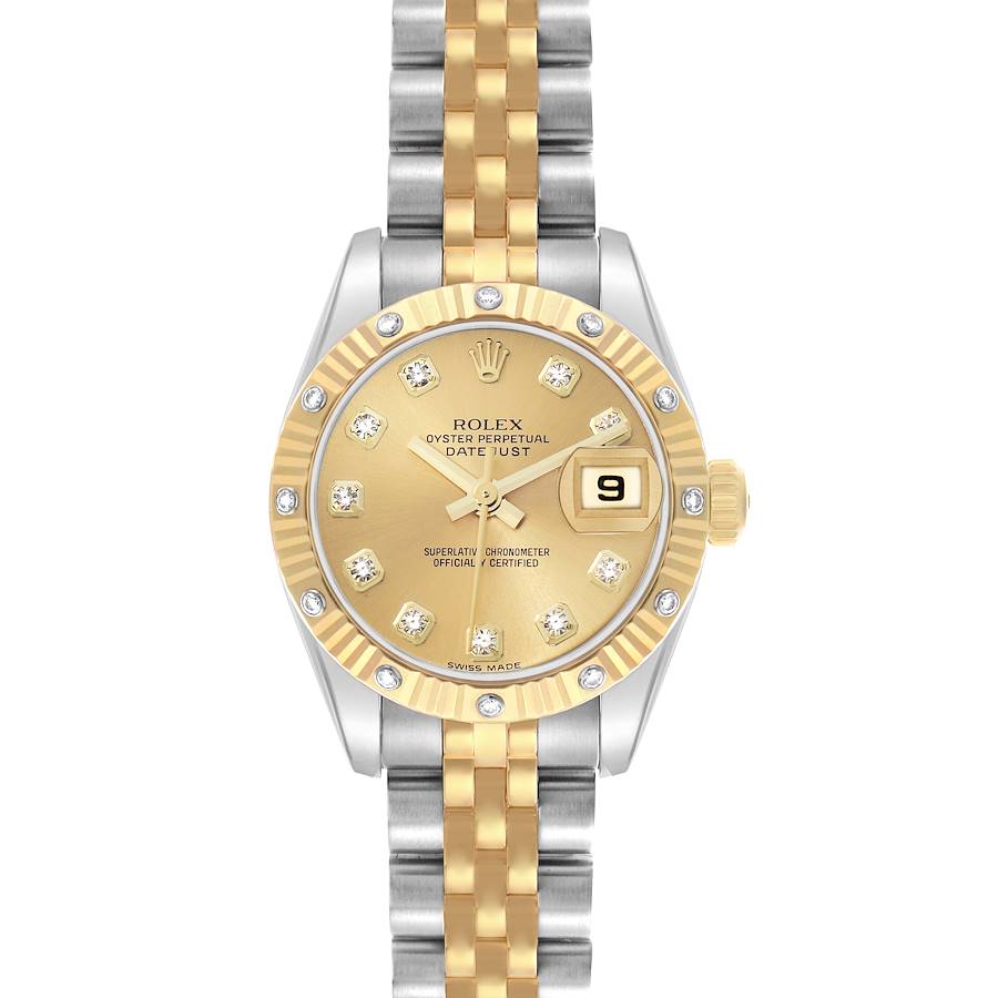 The Rolex Datejust 179313 Women's Steel and Gold (two tone) Champagne Dial watch is shown from a front angle, highlighting the gold dial, diamond hour markers, and two-tone bracelet.