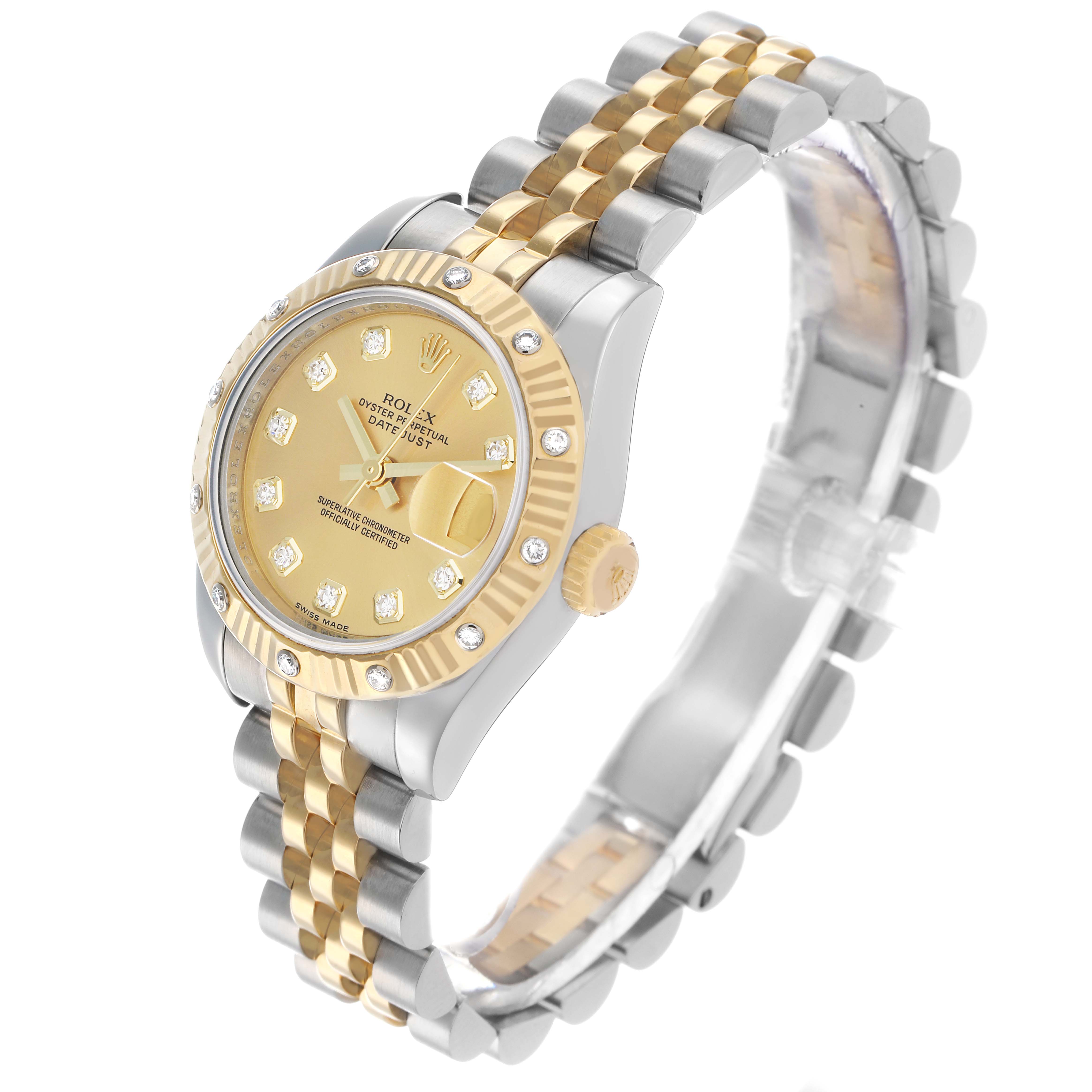 The Rolex Datejust 179313 Women's Steel and Gold (two tone) Champagne Dial watch is shown at an angled side view, highlighting its two-tone bezel and bracelet.