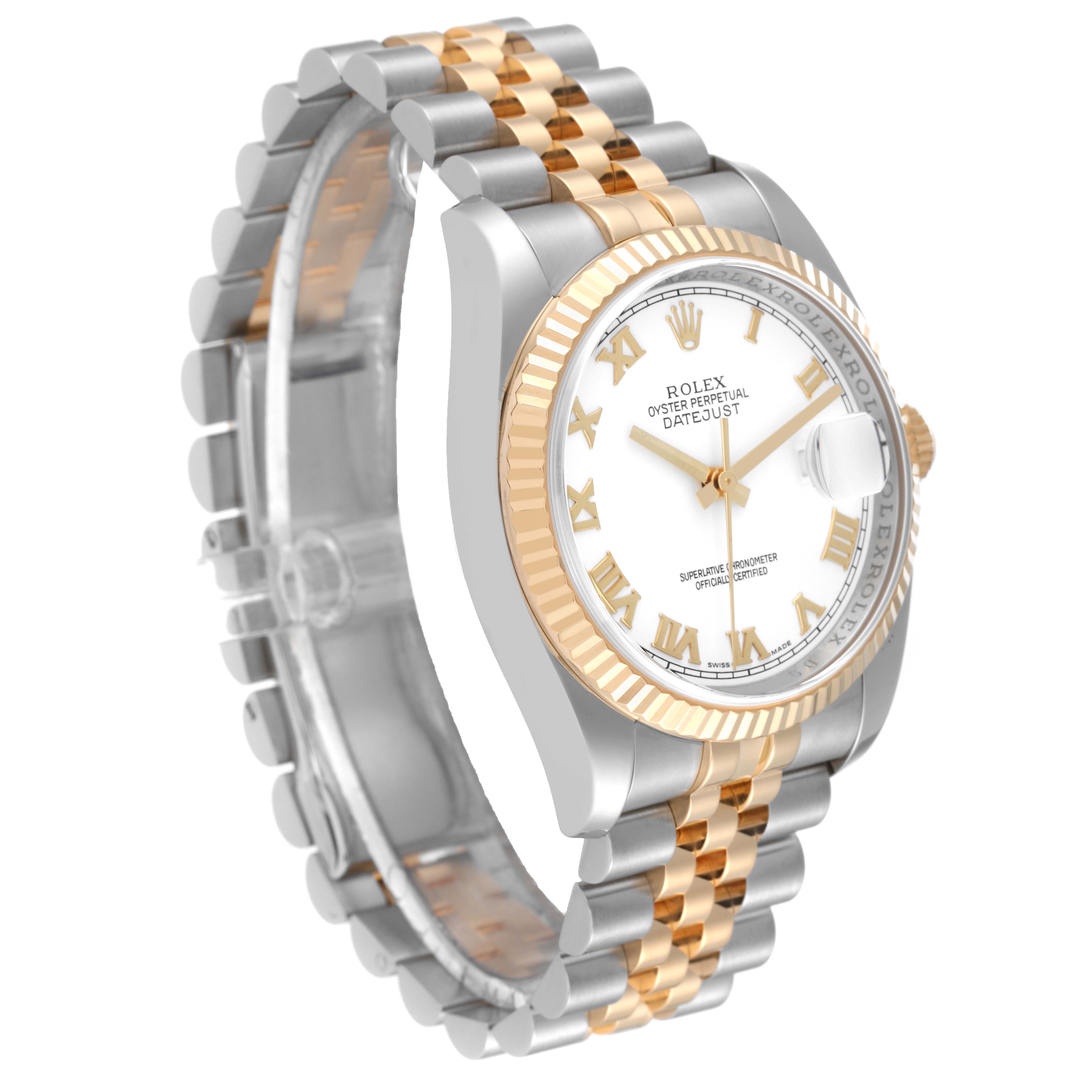 The image shows a Rolex Datejust 116233 Men's Steel and Gold (two tone) White Dial 116233 Men's Steel and Gold (two tone) White Dial model watch from an angled side view, displaying its two-tone bracelet and dial.