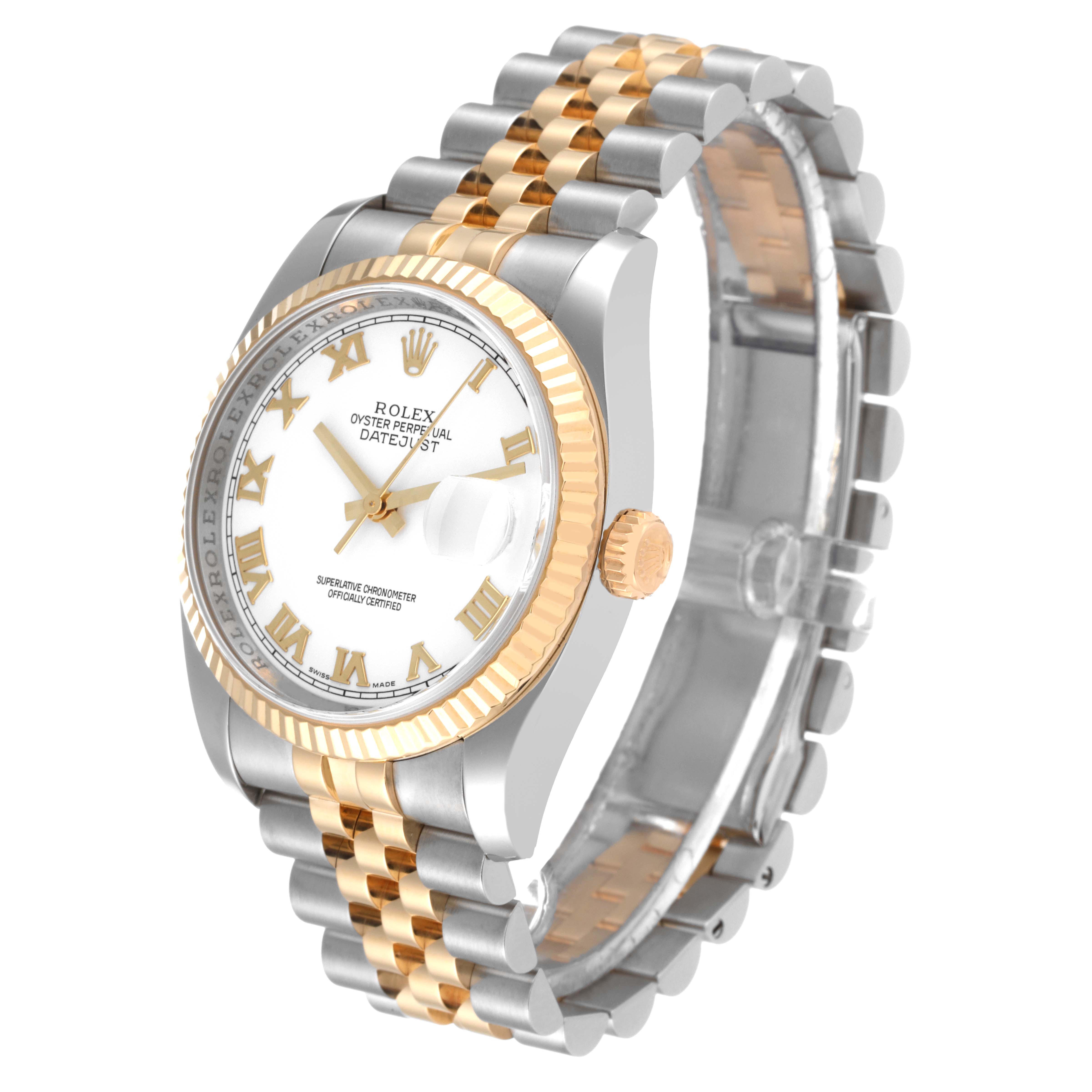The Rolex Datejust 116233 Men's Steel and Gold (two tone) White Dial 116233 Men's Steel and Gold (two tone) White Dial watch is shown at a three-quarter angle, highlighting its dial, bezel, case, and Jubilee bracelet.