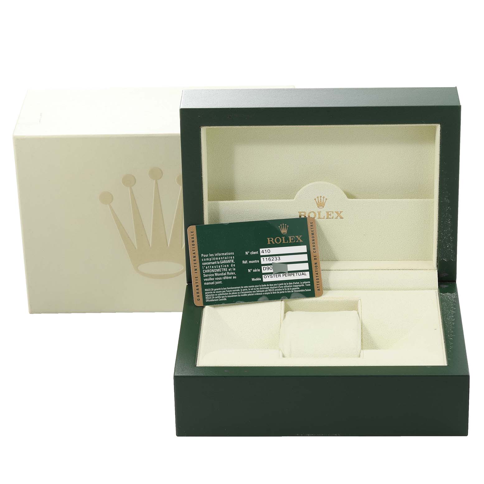 The image shows a Rolex Datejust 116233 Men's Steel and Gold (two tone) White Dial 116233 Men's Steel and Gold (two tone) White Dial watch box, cushion, and authentication card placed inside the open box.