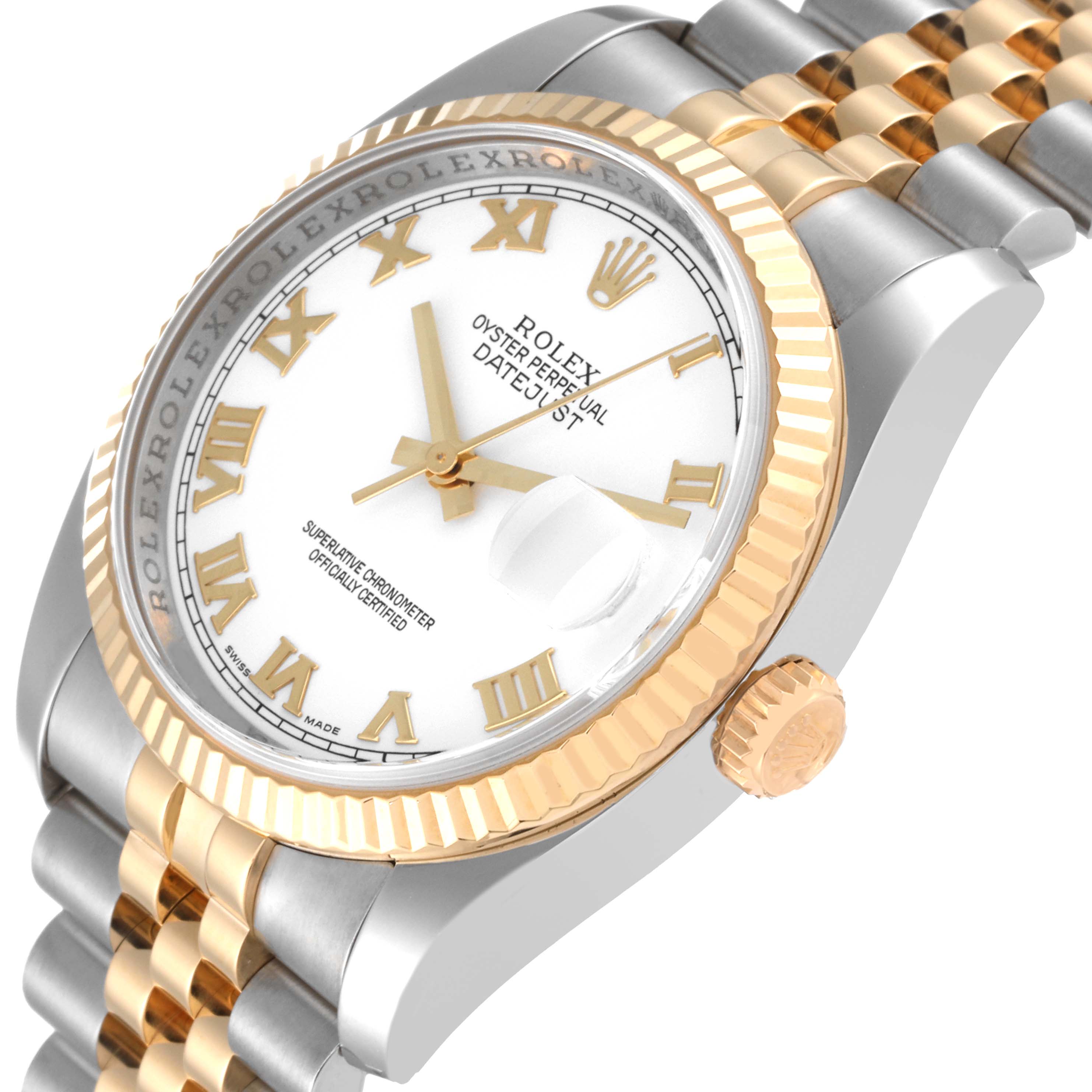This image shows a Rolex Datejust 116233 Men's Steel and Gold (two tone) White Dial 116233 Men's Steel and Gold (two tone) White Dial watch at an angle highlighting the face, fluted bezel, crown, and part of the bracelet.