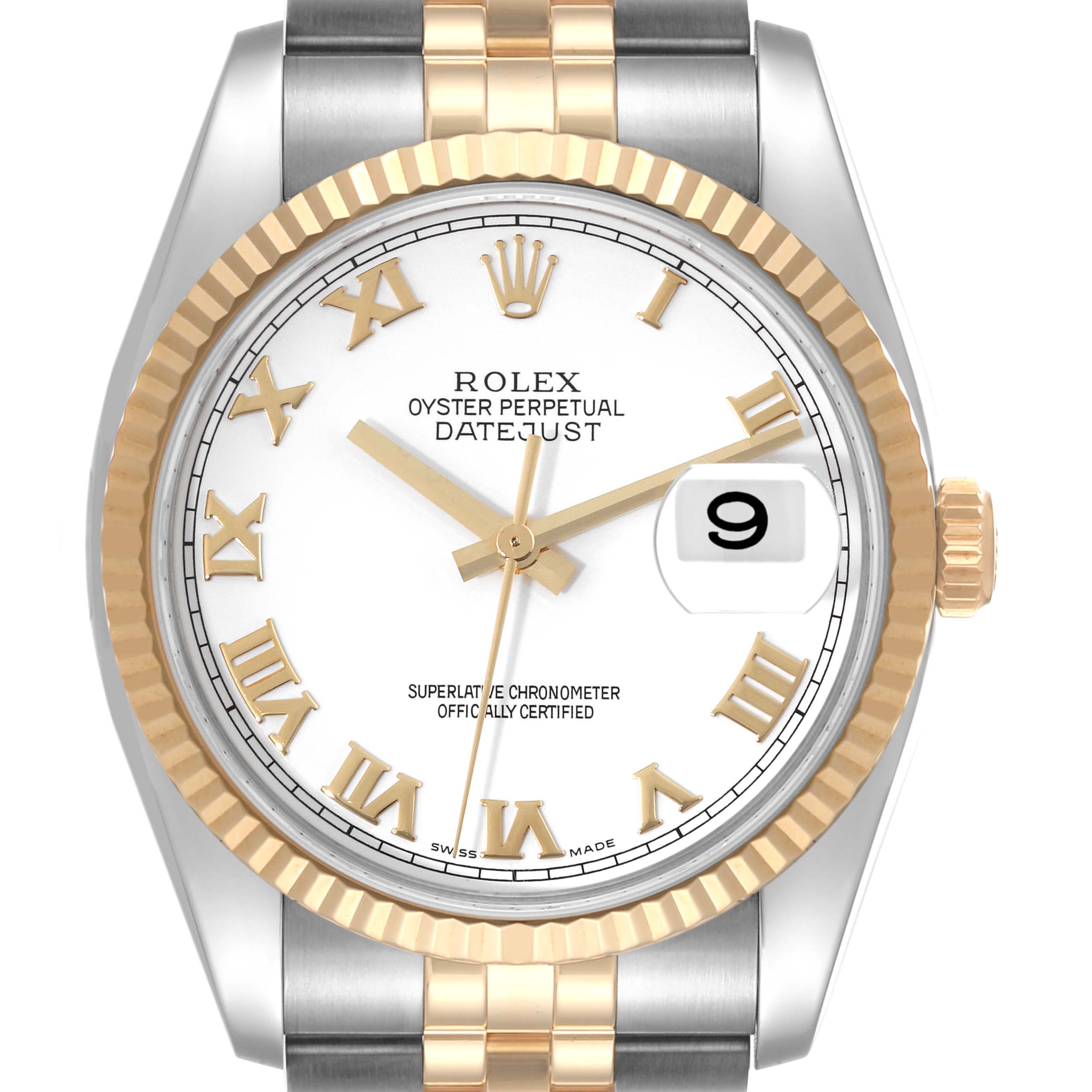 This Rolex Datejust 116233 Men's Steel and Gold (two tone) White Dial 116233 Men's Steel and Gold (two tone) White Dial watch is shown from a top-down angle, highlighting its white dial, gold Roman numerals, and two-tone bracelet.