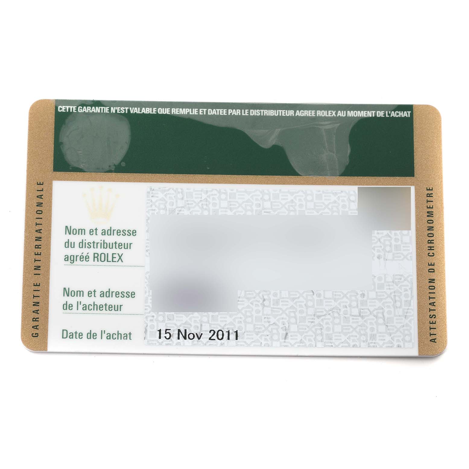 This image shows the front of a warranty card for the Rolex Datejust 116233 Men's Steel and Gold (two tone) White Dial 116233 Men's Steel and Gold (two tone) White Dial model.