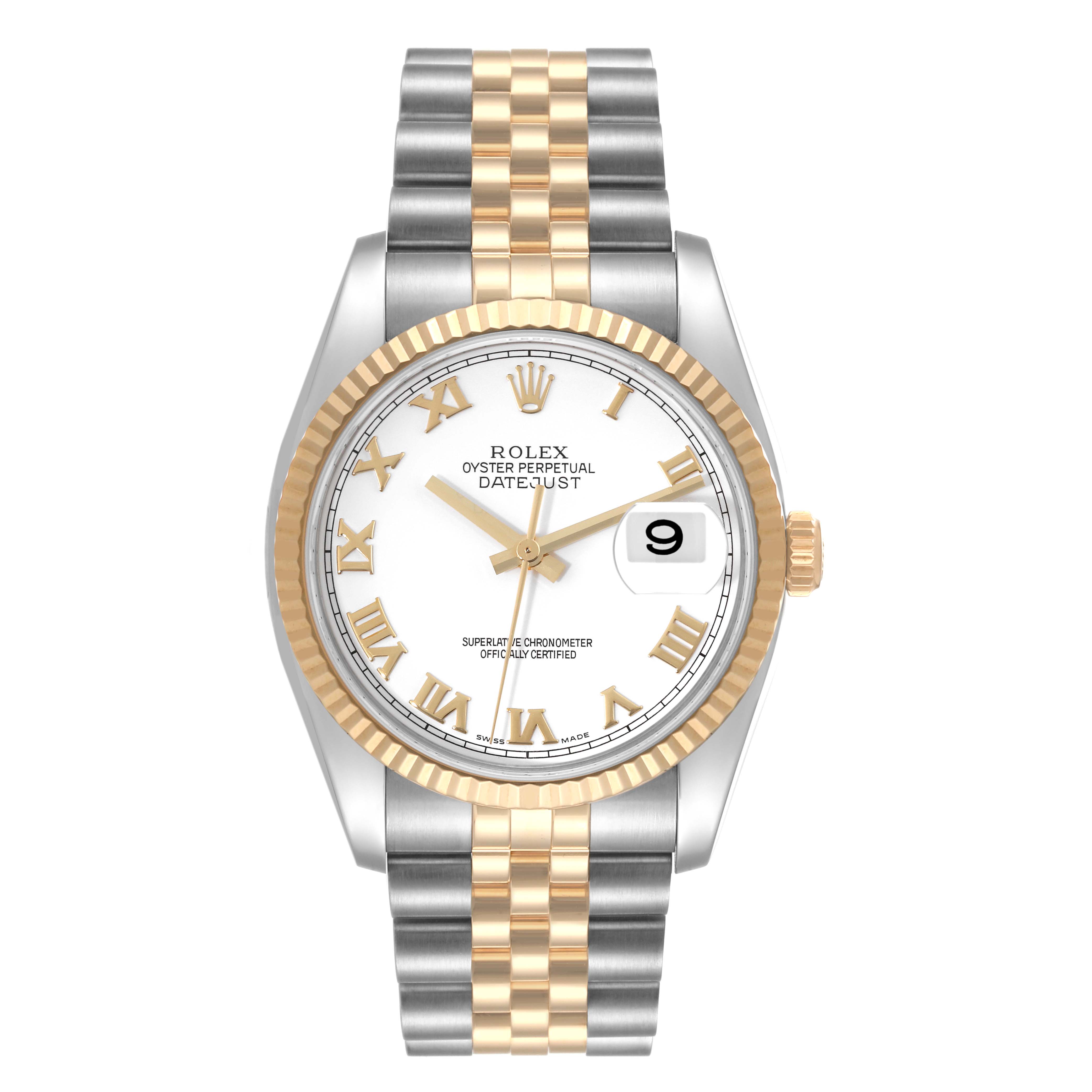 The Rolex Datejust 116233 Men's Steel and Gold (two tone) White Dial 116233 Men's Steel and Gold (two tone) White Dial watch is shown from a front view, highlighting the dial, bezel, and two-tone bracelet.