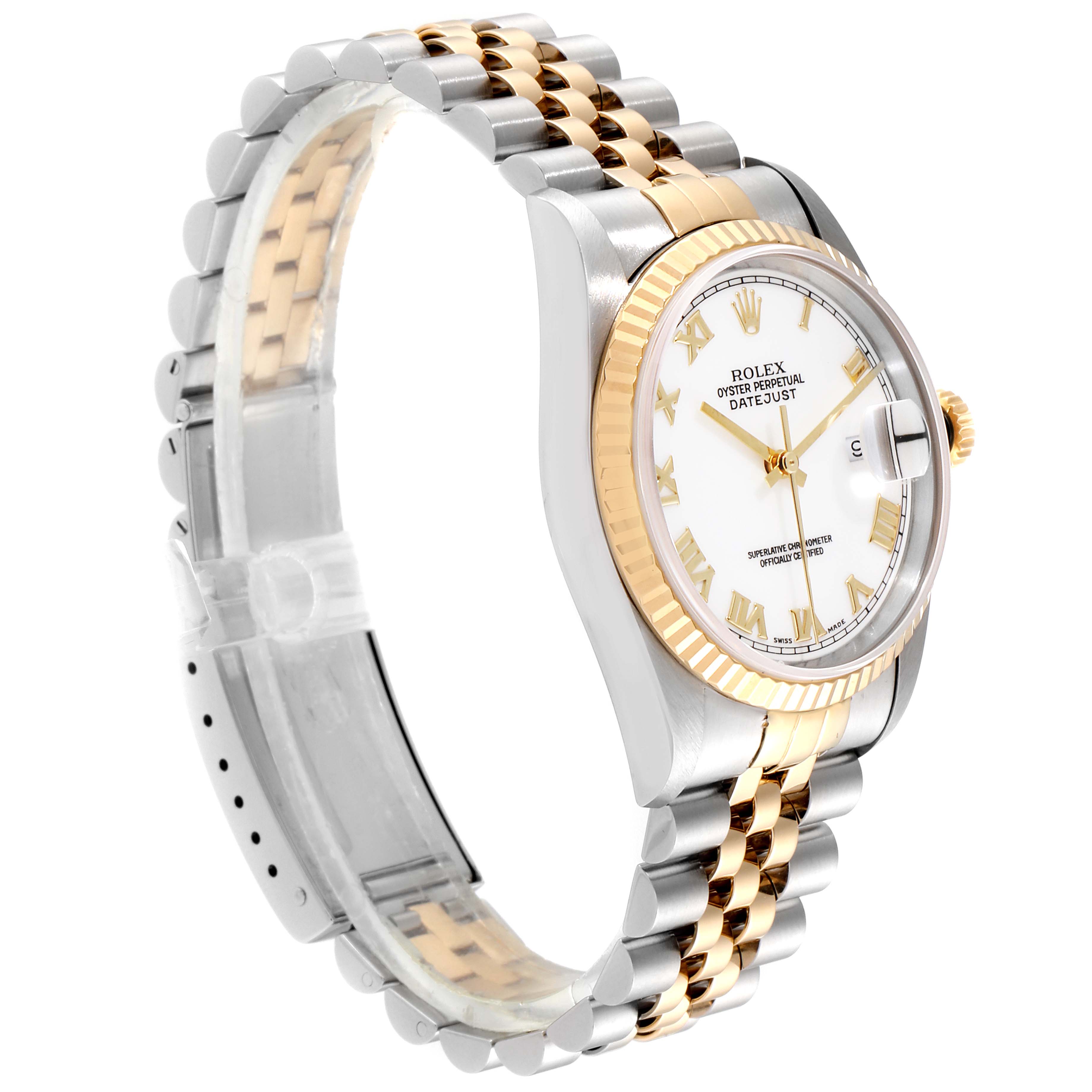 The image shows a side angle of a Rolex Datejust 16233 Men
s Steel and Gold (two tone) White Dial 16233 Men
s Steel and Gold (two tone) White Dial watch, highlighting its fluted bezel, white dial, and two-tone Jubilee bracelet.