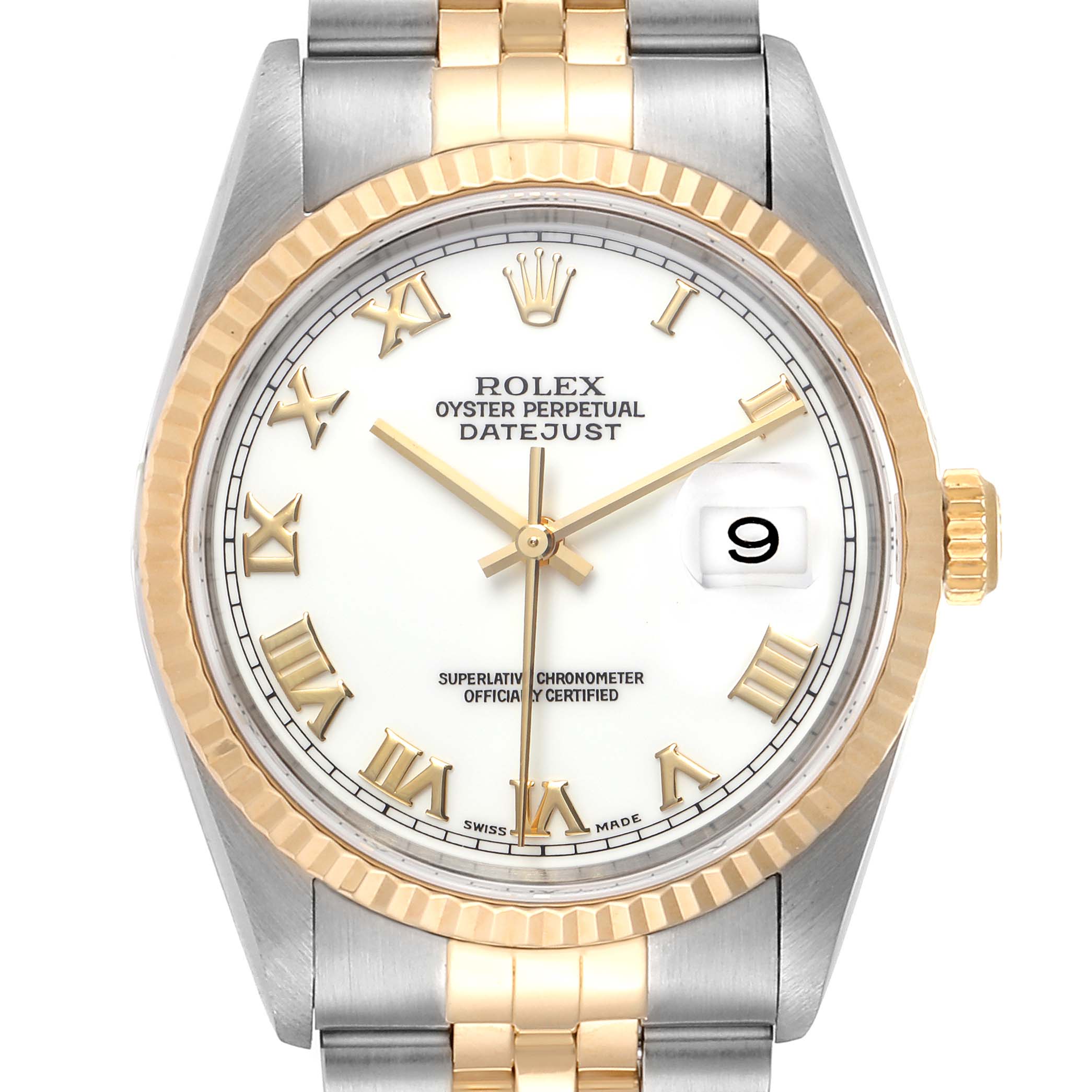 The image shows a front view of the Rolex Datejust 16233 Men
s Steel and Gold (two tone) White Dial 16233 Men
s Steel and Gold (two tone) White Dial watch, highlighting the face, bezel, and part of the bracelet.