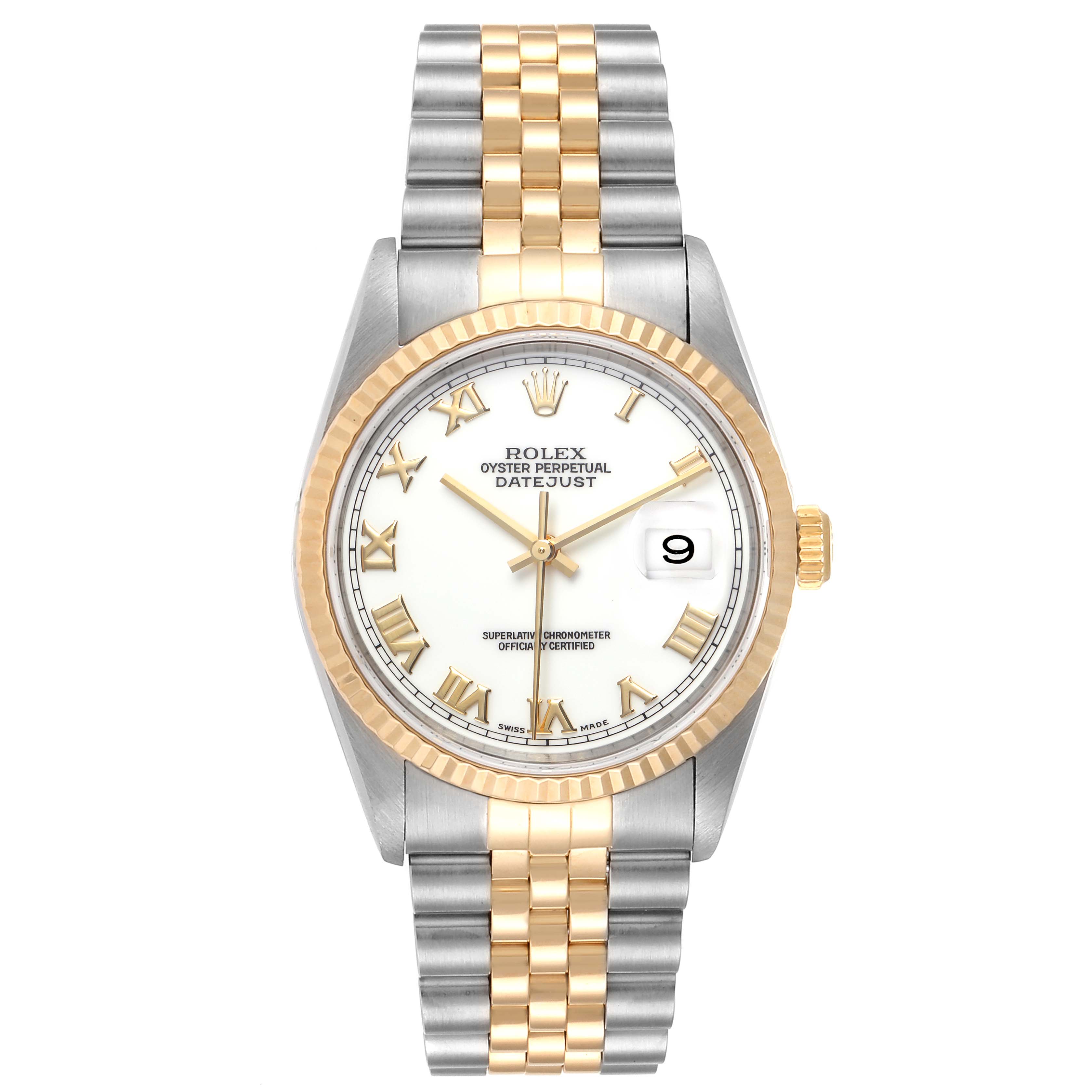 The Rolex Datejust 16233 Men
s Steel and Gold (two tone) White Dial 16233 Men
s Steel and Gold (two tone) White Dial watch is shown from the front, displaying the face, bezel, crown, and bracelet.