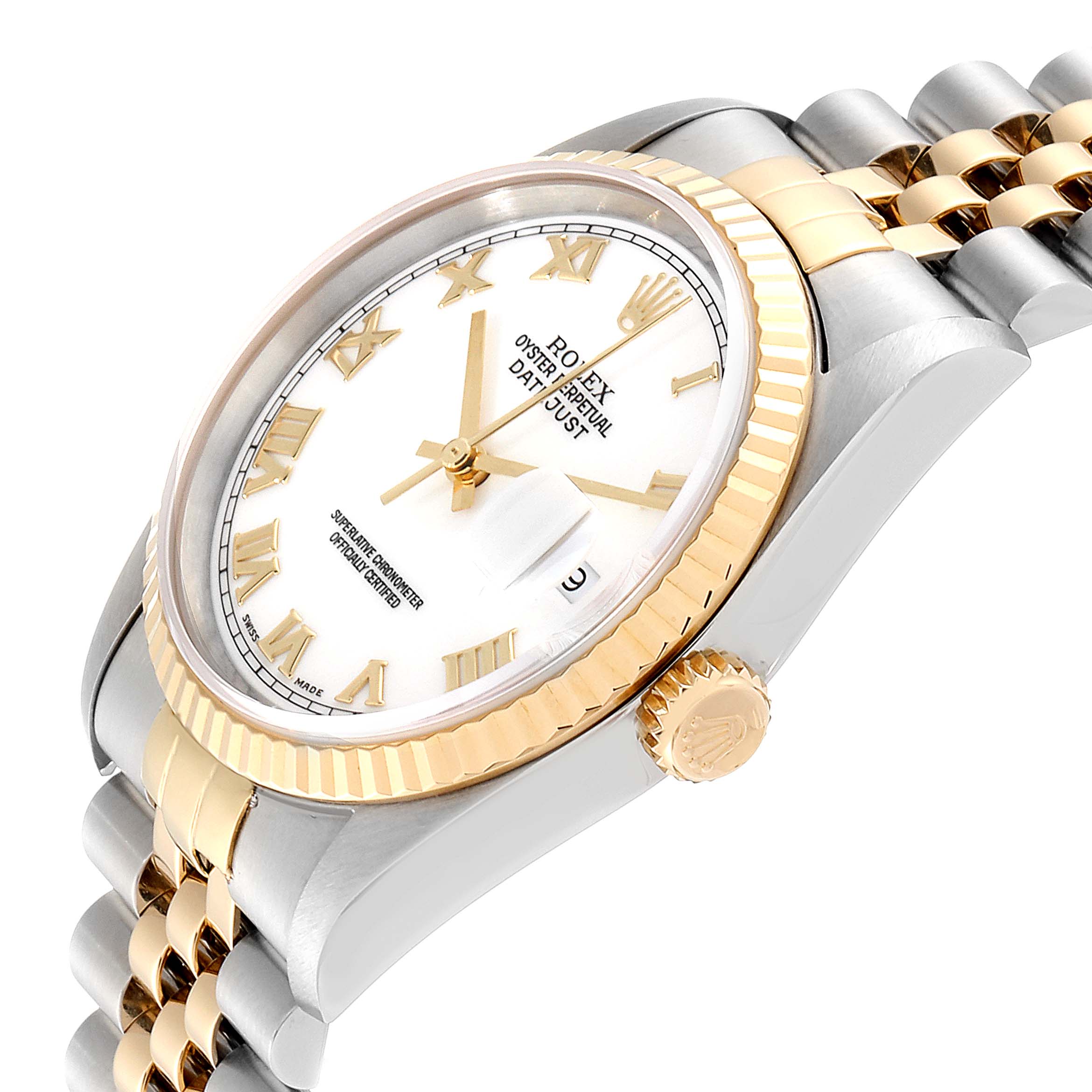 The image shows a Rolex Datejust 16233 Men
s Steel and Gold (two tone) White Dial 16233 Men
s Steel and Gold (two tone) White Dial watch from a side angle, highlighting its bezel, dial, crown, and part of the bracelet.