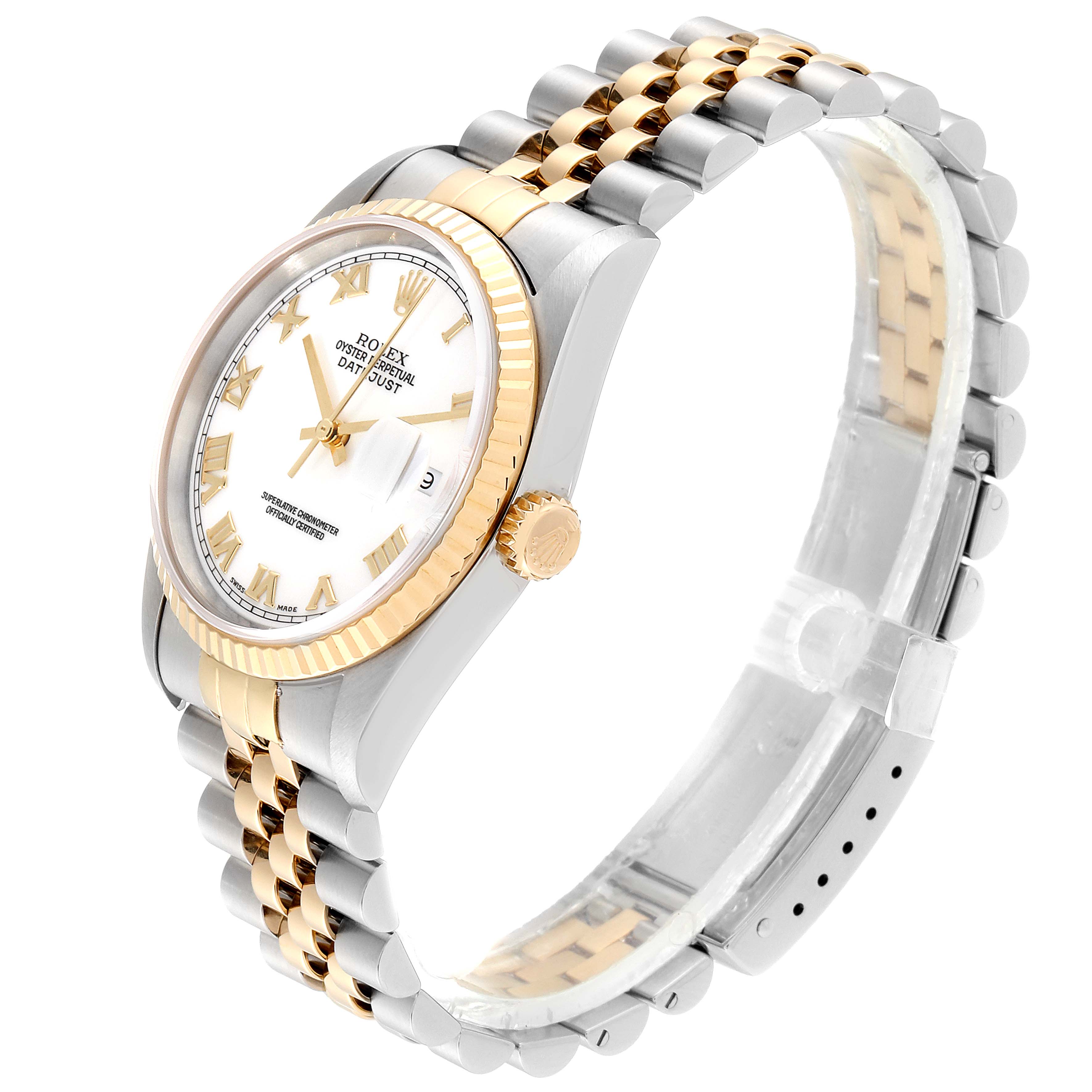 The image shows a Rolex Datejust 16233 Men
s Steel and Gold (two tone) White Dial 16233 Men
s Steel and Gold (two tone) White Dial watch from an angled side view, highlighting the bracelet, crown, bezel, and dial.