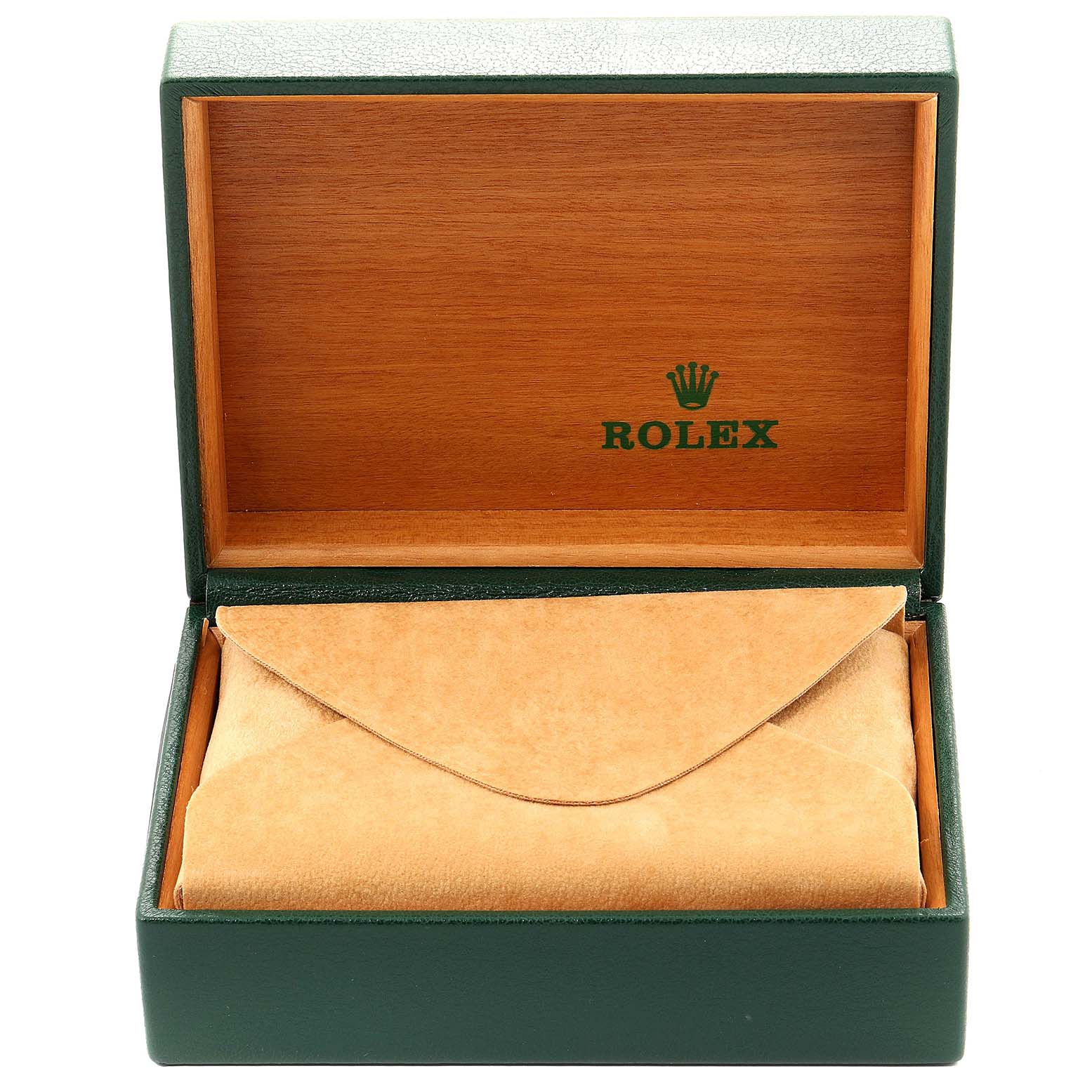 The image shows a Rolex Datejust 16233 Men
s Steel and Gold (two tone) White Dial 16233 Men
s Steel and Gold (two tone) White Dial watch box, including a green outer case and a beige suede pouch inside.