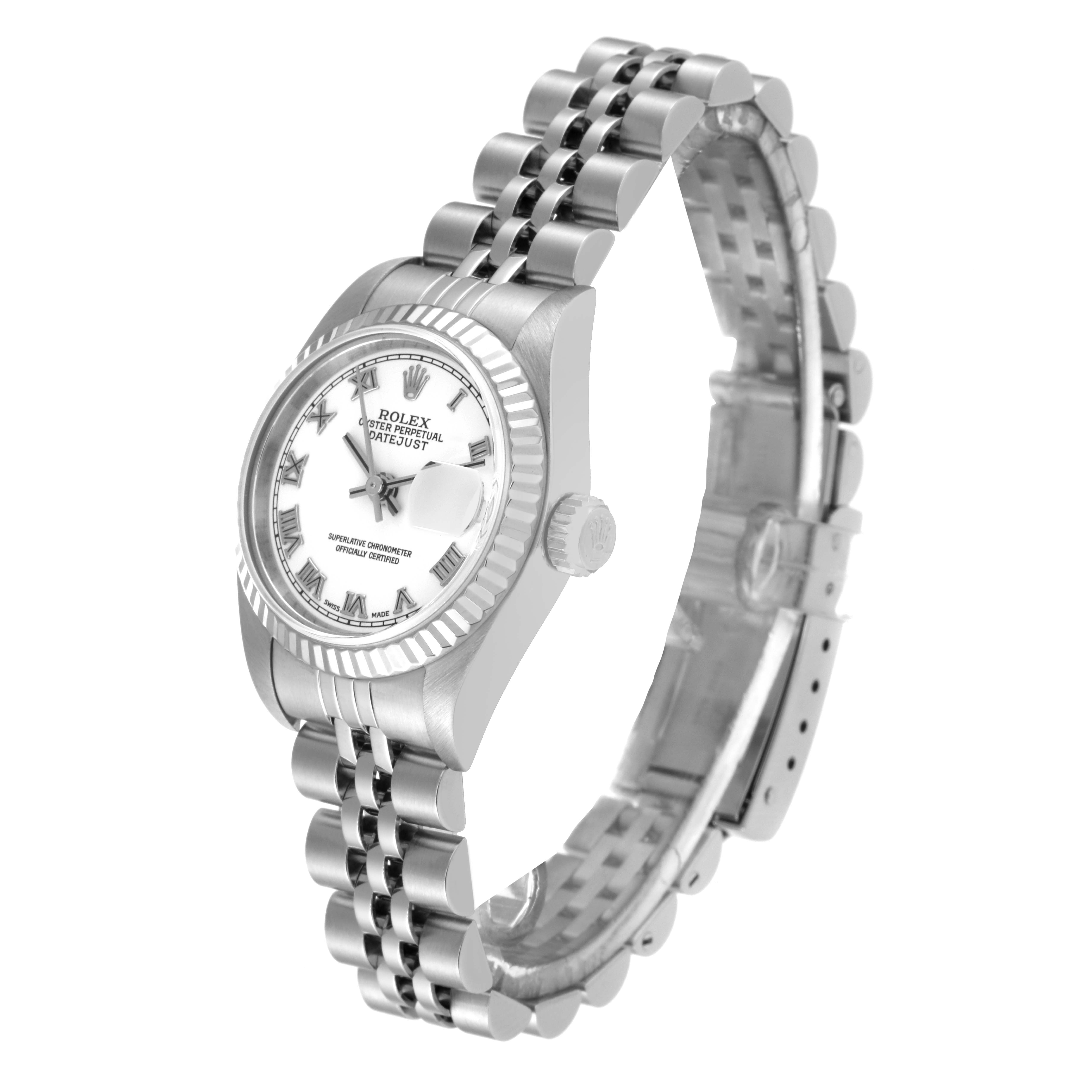 The image shows a Rolex Datejust 79174 Women's Stainless Steel White Dial 79174 Women's Stainless Steel White Dial watch at an angled side view, highlighting the watch face, bezel, crown, and metal bracelet.