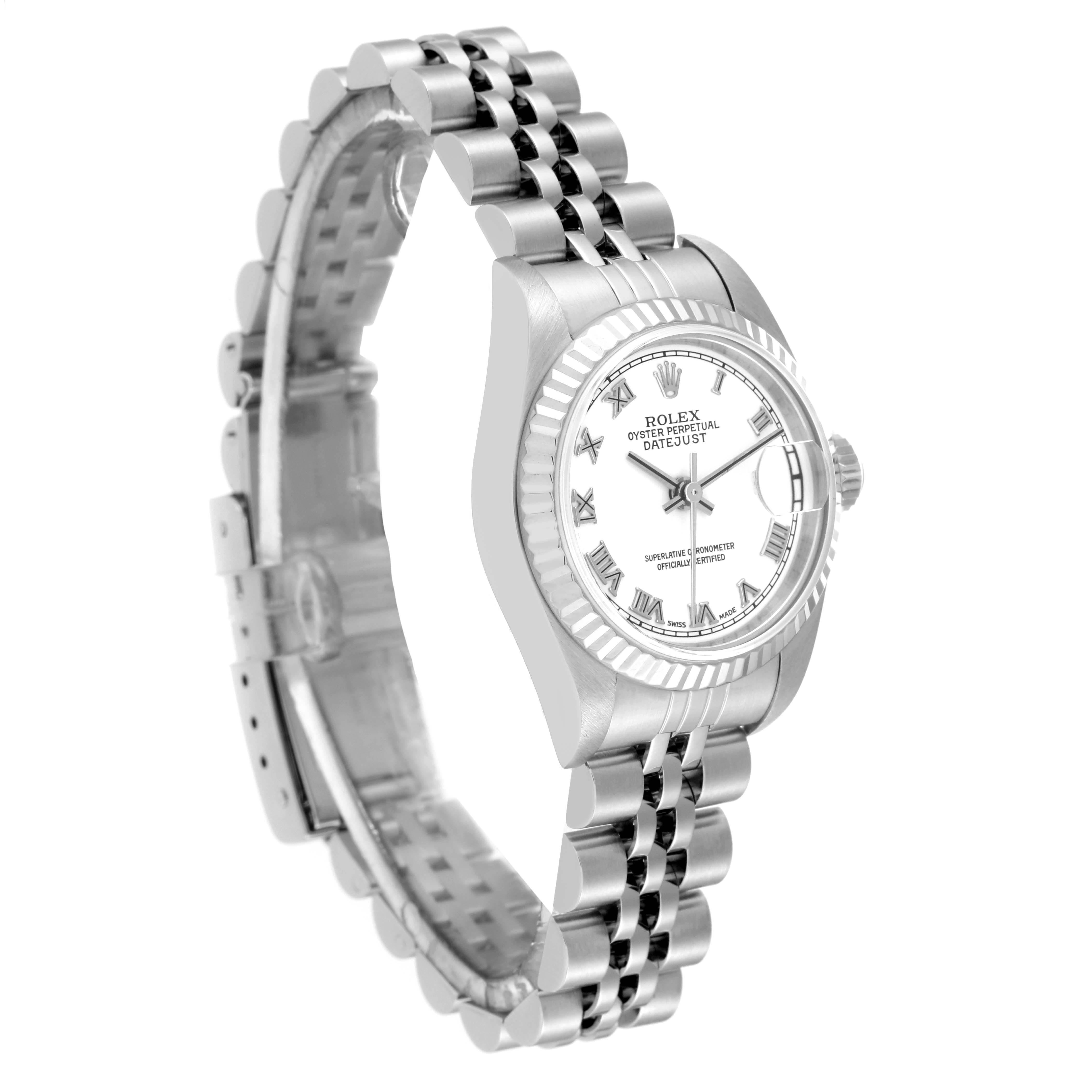 The Rolex Datejust 79174 Women's Stainless Steel White Dial 79174 Women's Stainless Steel White Dial watch is shown at an angle, clearly displaying the face, bezel, crown, and bracelet.