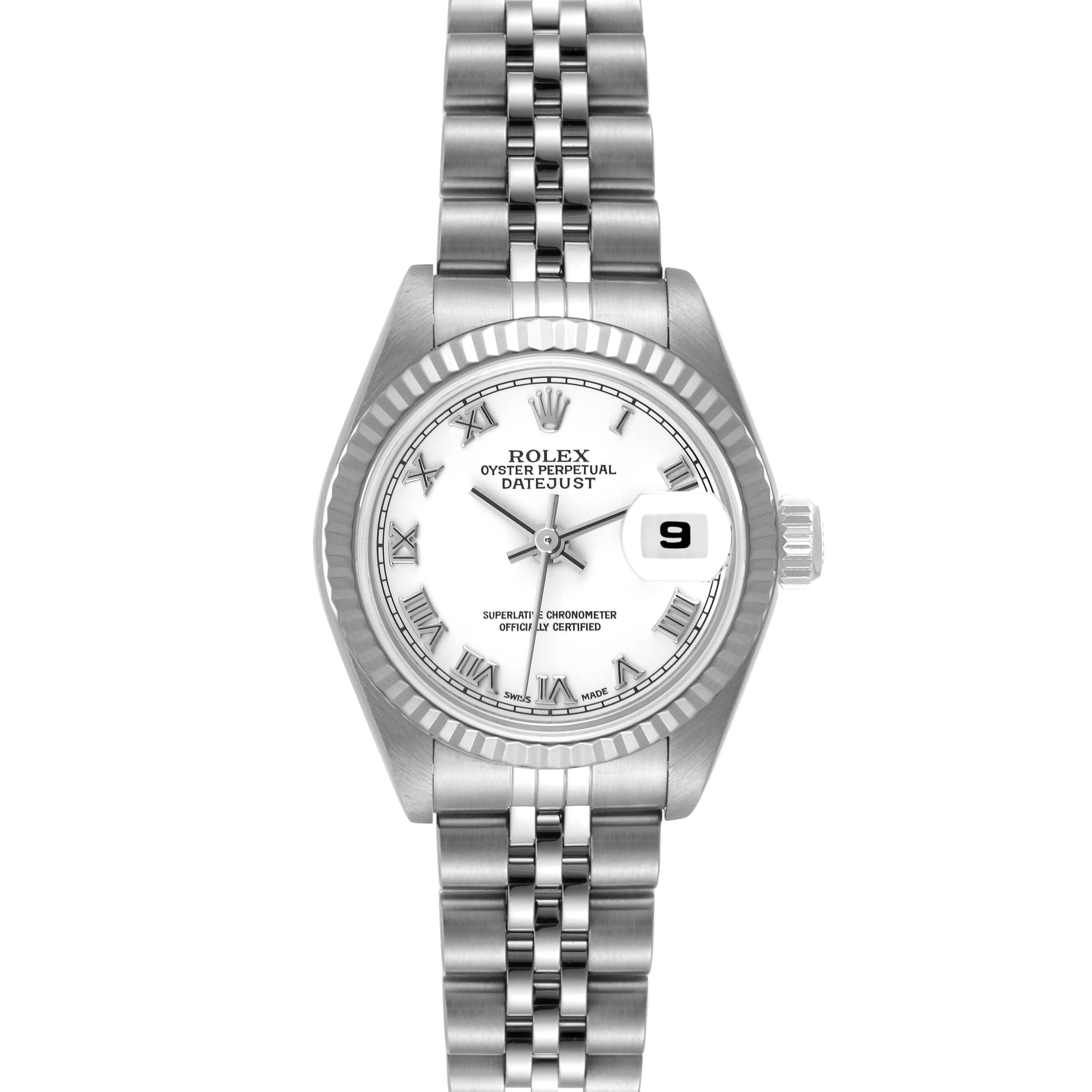 The image shows a front view of a Rolex Datejust 79174 Women's Stainless Steel White Dial 79174 Women's Stainless Steel White Dial watch, displaying the dial, hands, bracelet, and date window.