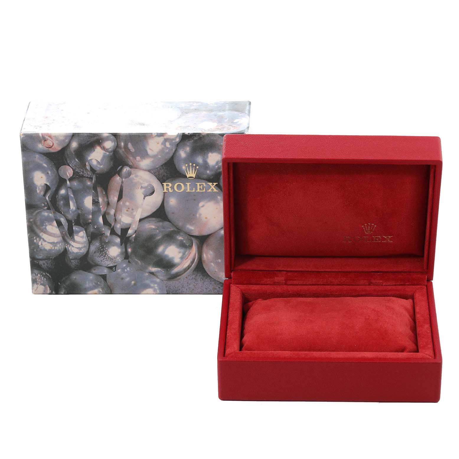 The image shows a Rolex Datejust 79174 Women's Stainless Steel White Dial 79174 Women's Stainless Steel White Dial watch box and packaging, consisting of a closed outer box and an open red inner box with a cushion.