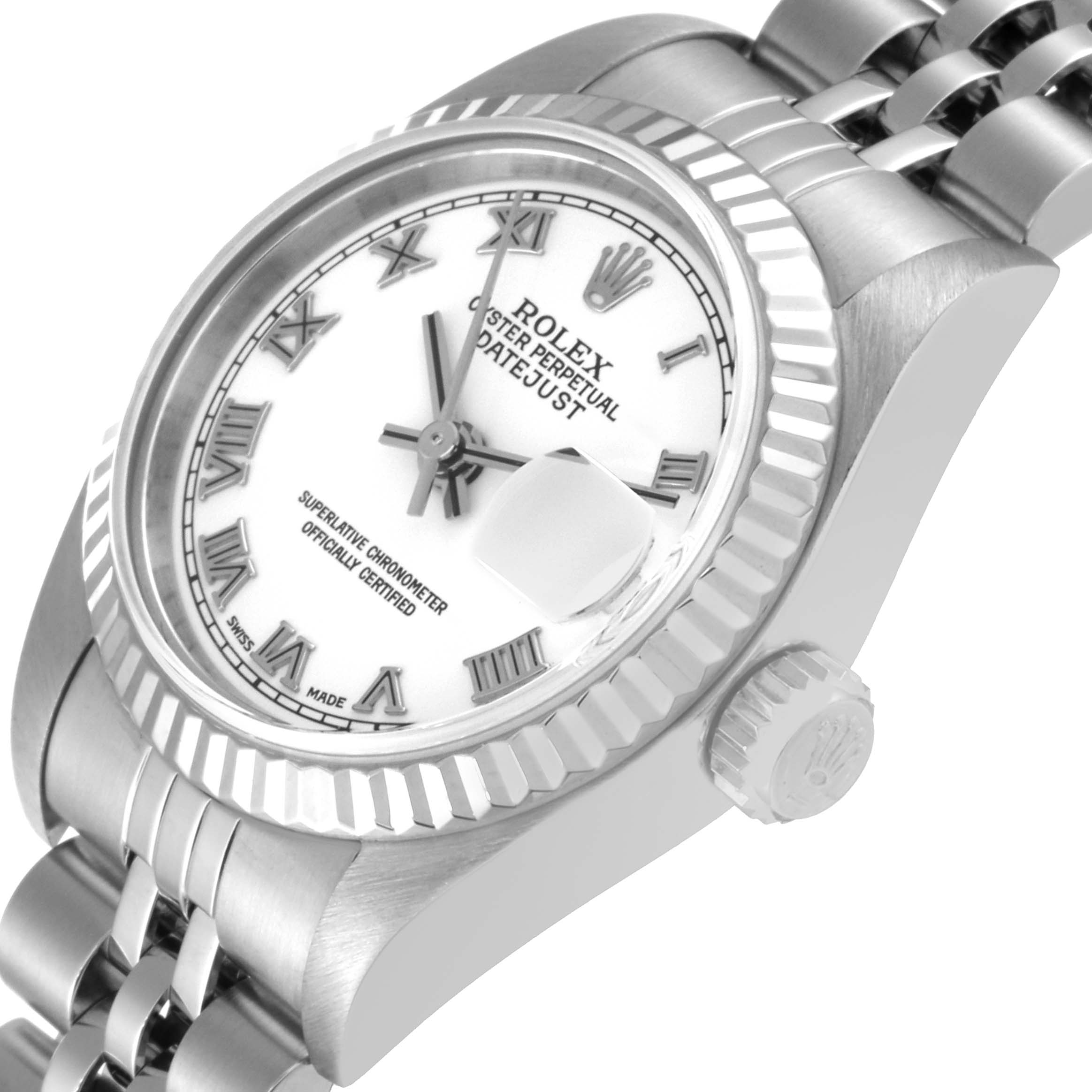 This image shows the Rolex Datejust 79174 Women's Stainless Steel White Dial 79174 Women's Stainless Steel White Dial watch from an angled close-up view, highlighting the dial, bezel, crown, and part of the bracelet.