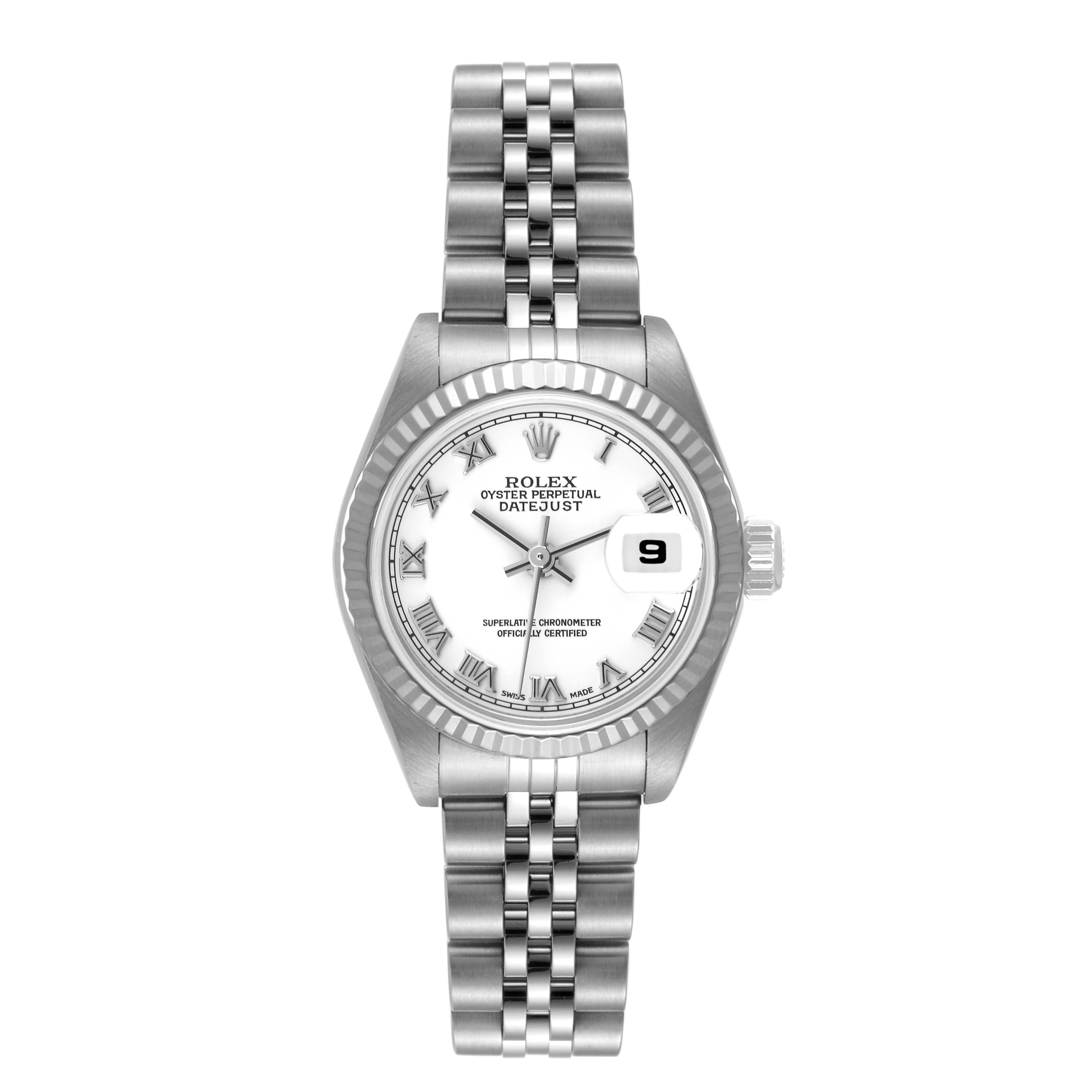 The Rolex Datejust 79174 Women's Stainless Steel White Dial 79174 Women's Stainless Steel White Dial watch is shown from the front, displaying the dial, bezel, bracelet, and date window.