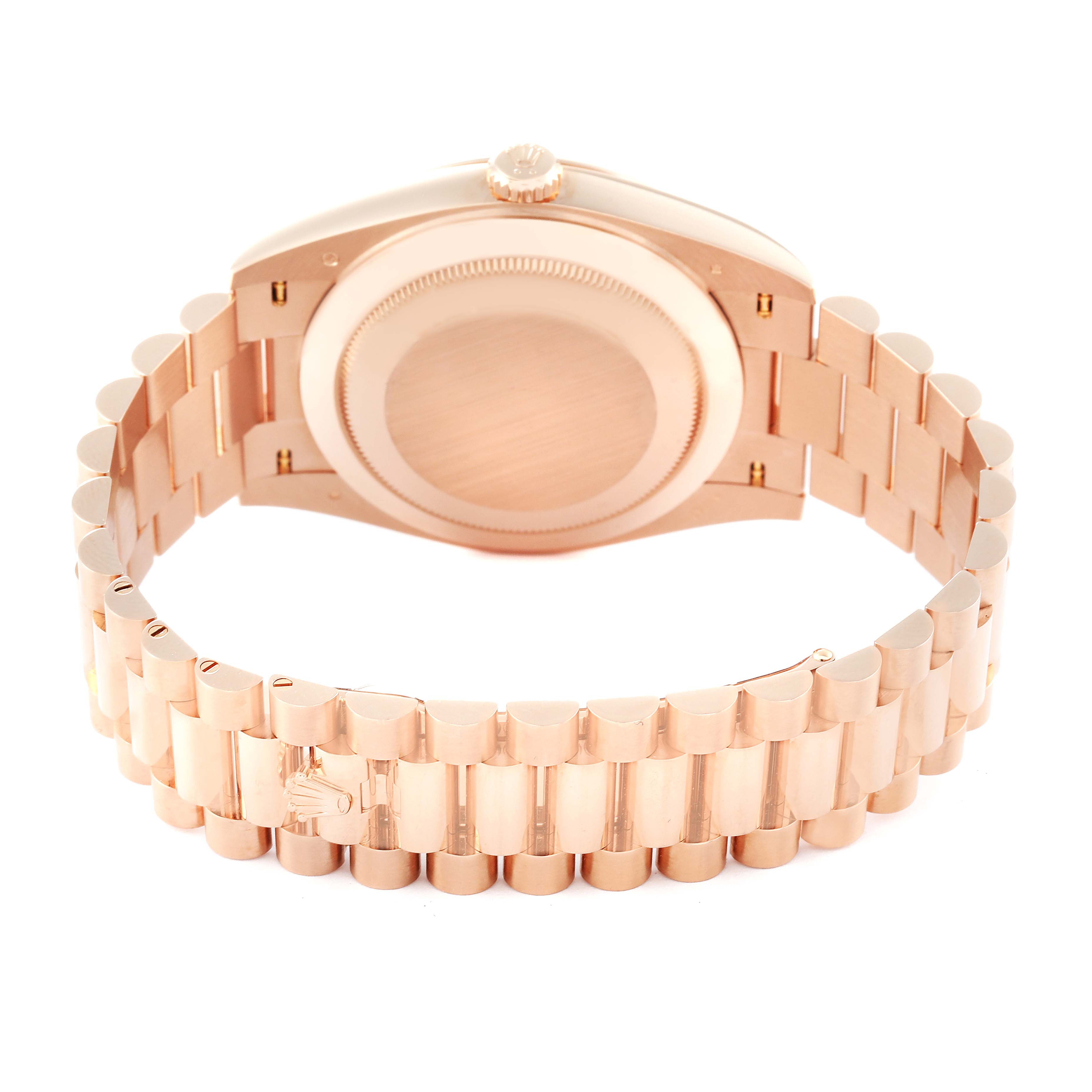 This image shows the back case and bracelet of a Rolex President 228235 Men's Rose Gold Green Dial 228235 Men's Rose Gold Green Dial model watch.