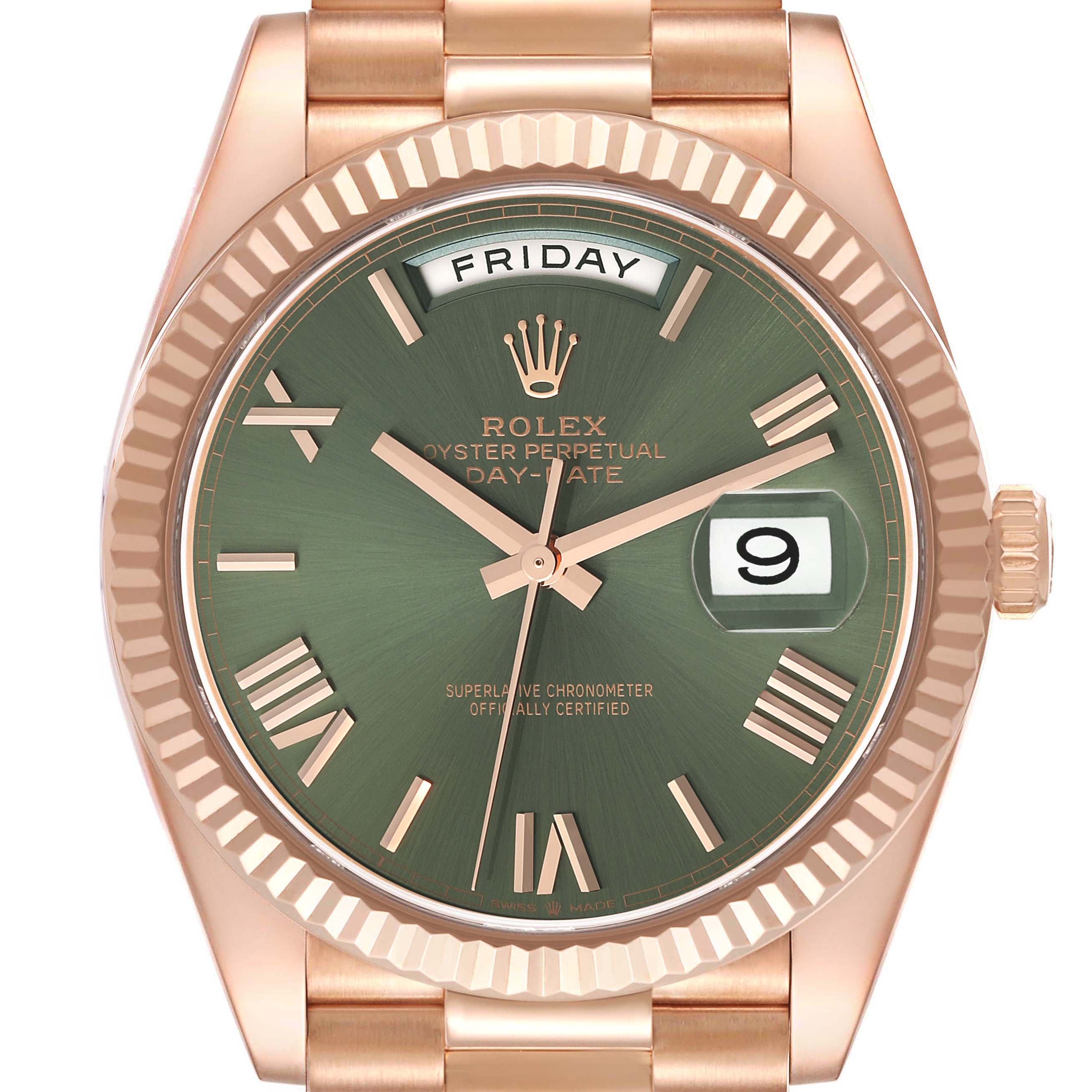 The image shows a close-up of the Rolex President 228235 Men's Rose Gold Green Dial 228235 Men's Rose Gold Green Dial model watch, highlighting the dial, bezel, and part of the bracelet.
