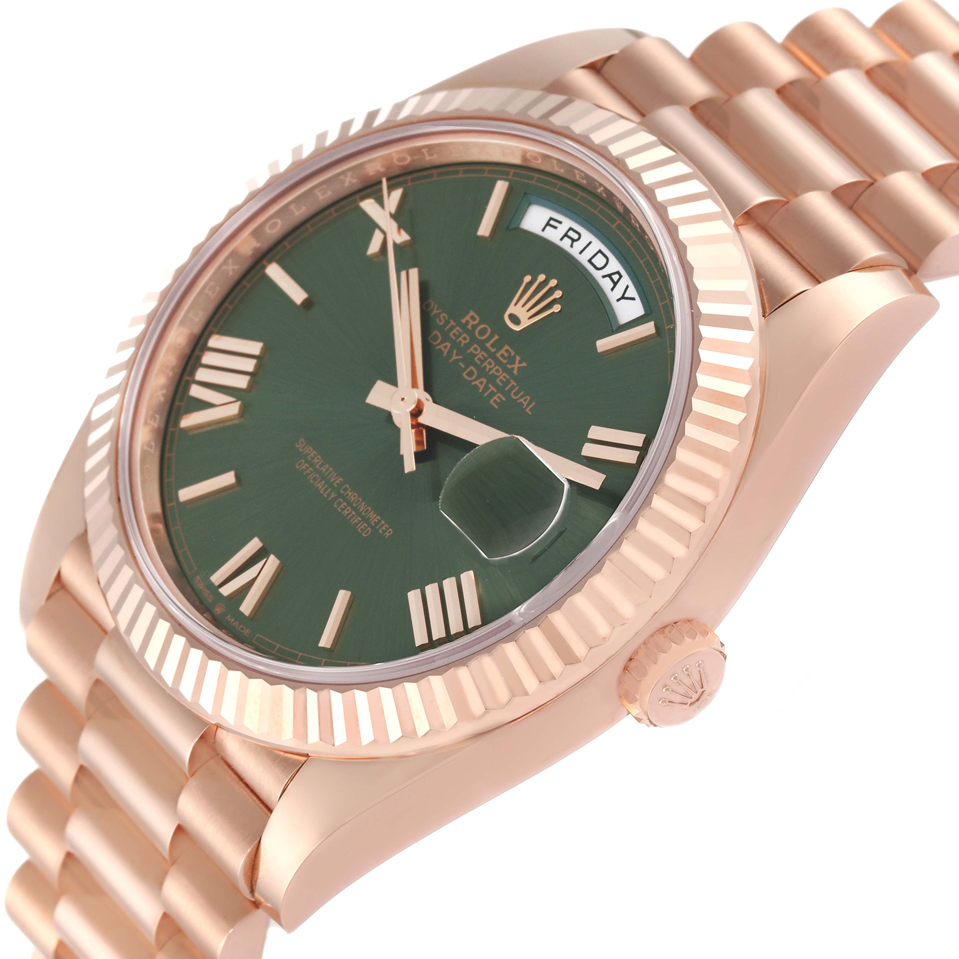 The image shows a side angle view of a Rolex President 228235 Men's Rose Gold Green Dial 228235 Men's Rose Gold Green Dial model watch, highlighting the green dial, fluted bezel, and part of the bracelet.