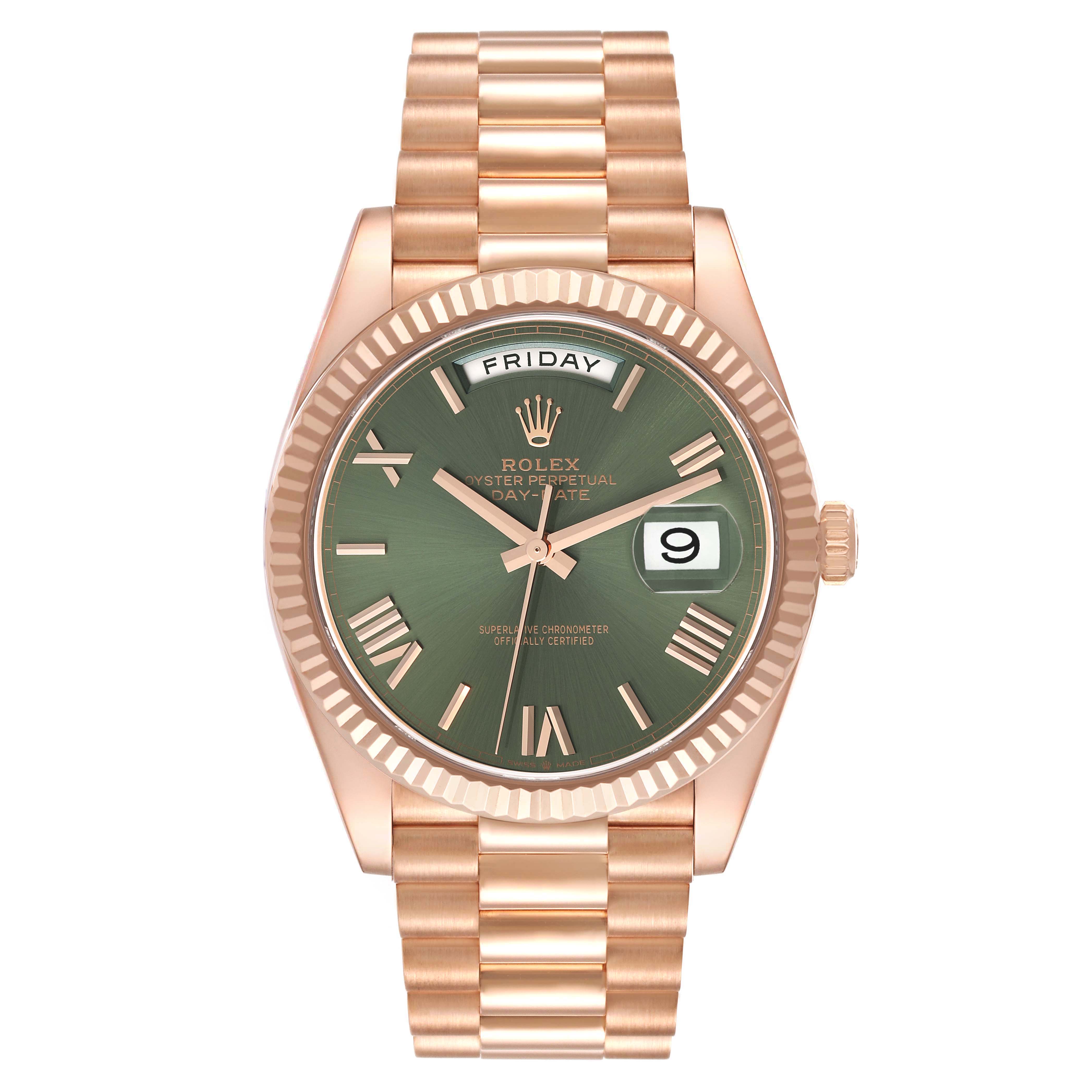 The image shows a Rolex President 228235 Men's Rose Gold Green Dial 228235 Men's Rose Gold Green Dial model watch from a front angle, highlighting the dial, hands, bracelet, and crown.