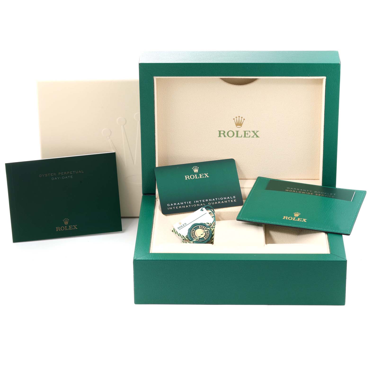 This image shows the Rolex President 228235 Men's Rose Gold Green Dial 228235 Men's Rose Gold Green Dial model watch box at an angle, including warranty cards and booklets.