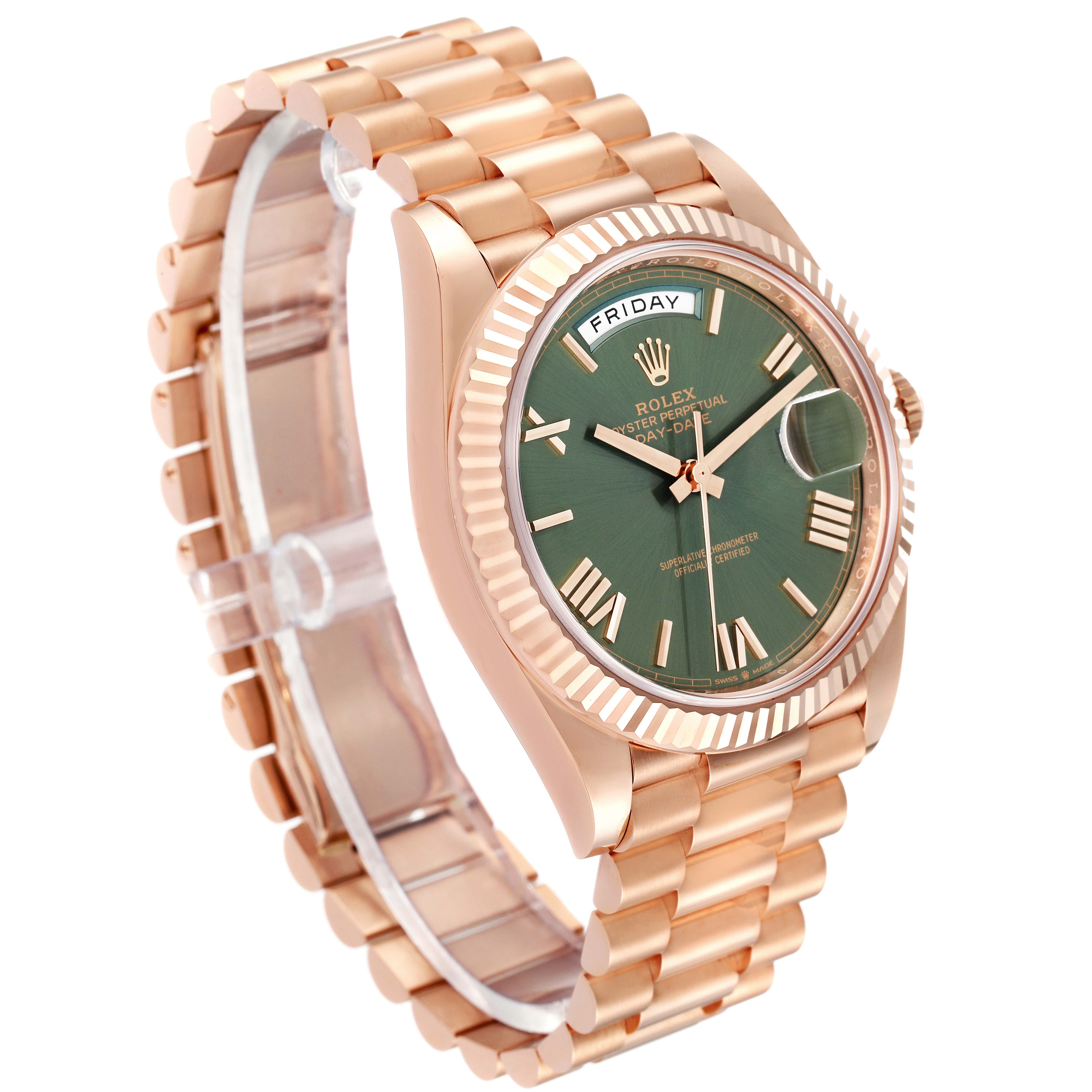 The image shows a side angle of the Rolex President 228235 Men's Rose Gold Green Dial 228235 Men's Rose Gold Green Dial model watch, highlighting its green dial, fluted bezel, and gold bracelet.