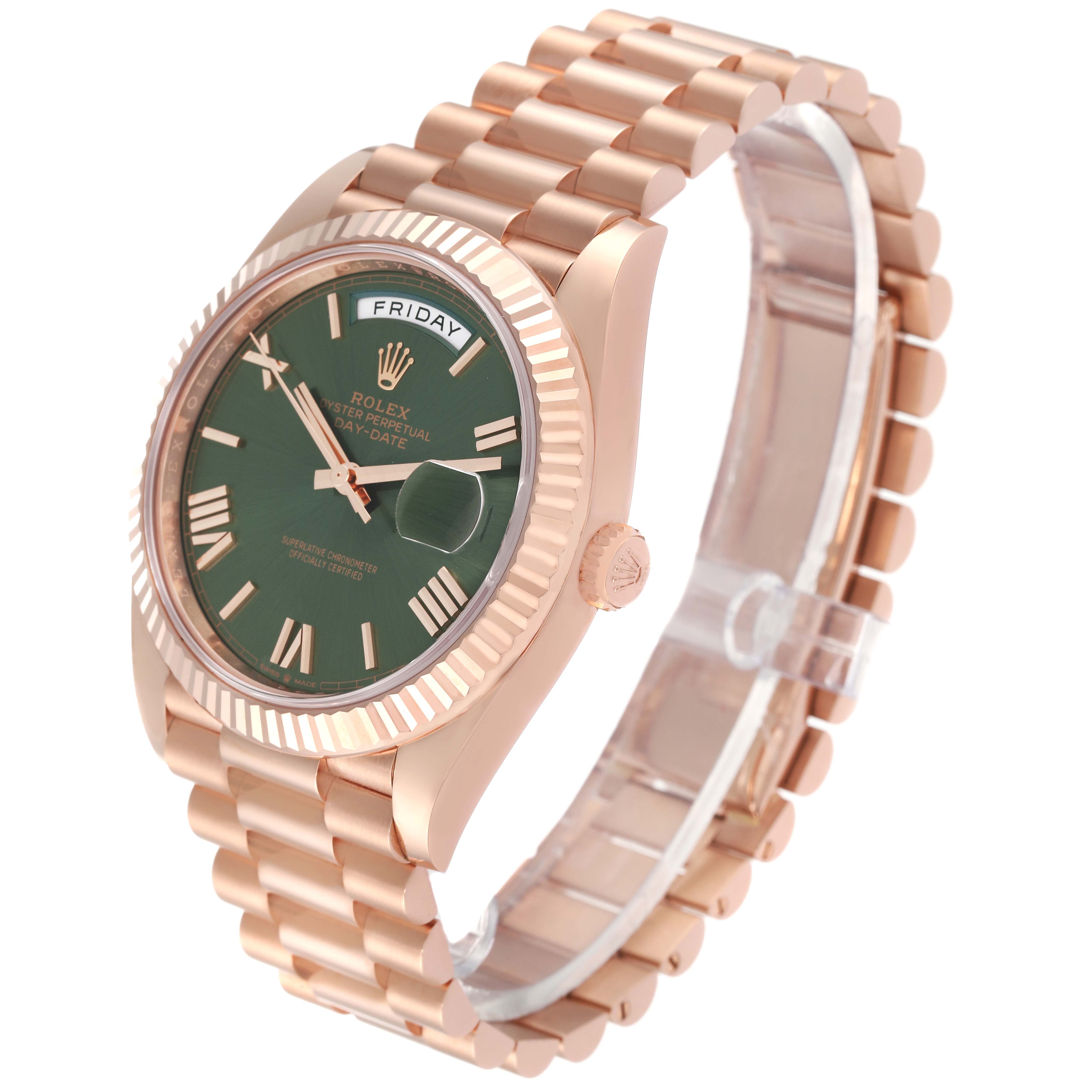 The image shows a side angle view of a Rolex President 228235 Men's Rose Gold Green Dial 228235 Men's Rose Gold Green Dial watch, highlighting the rose gold case, green dial, and bracelet.