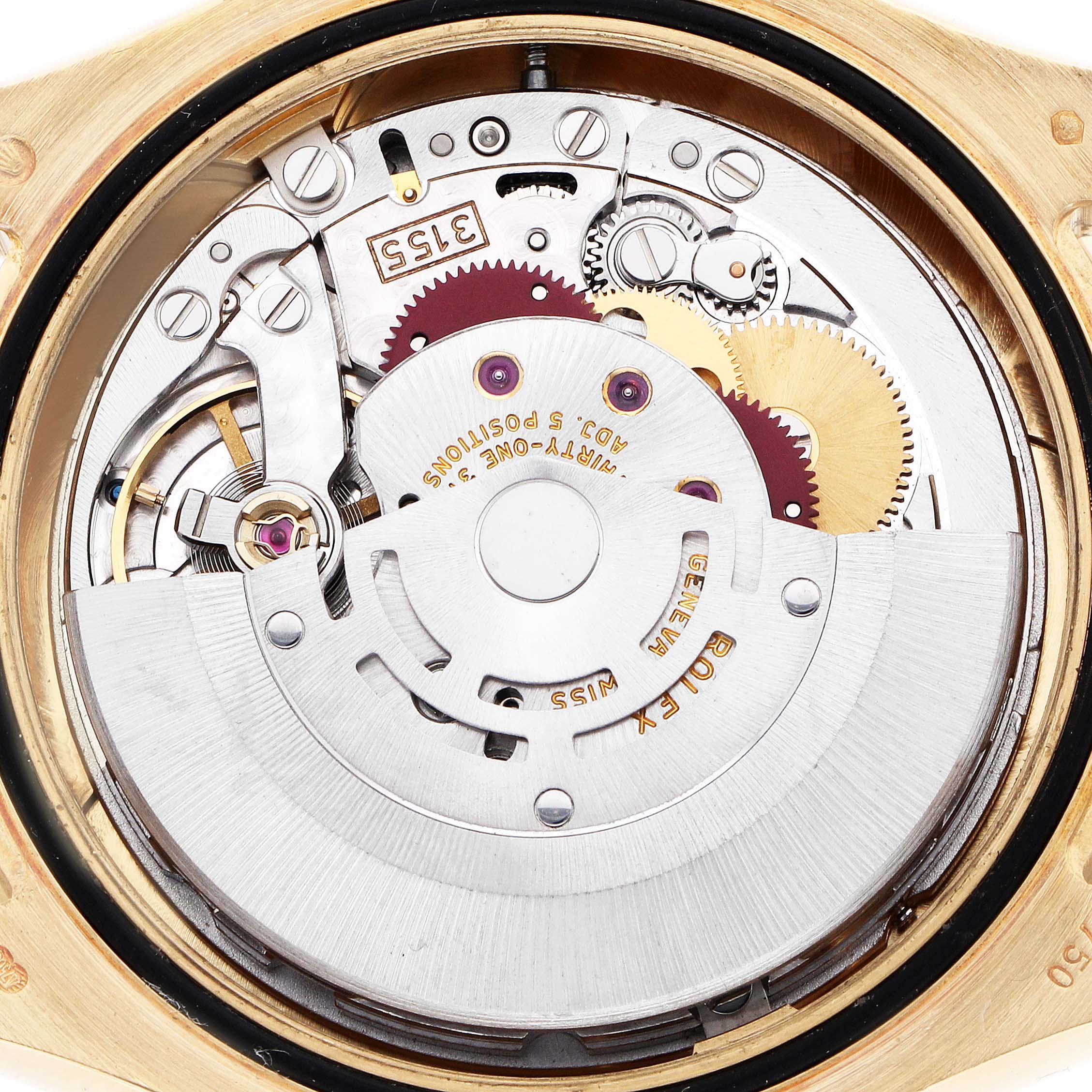 The image shows the movement mechanism of a Rolex Pearlmaster 18948 Men
s Yellow Gold Silver Dial watch, viewed from the back.