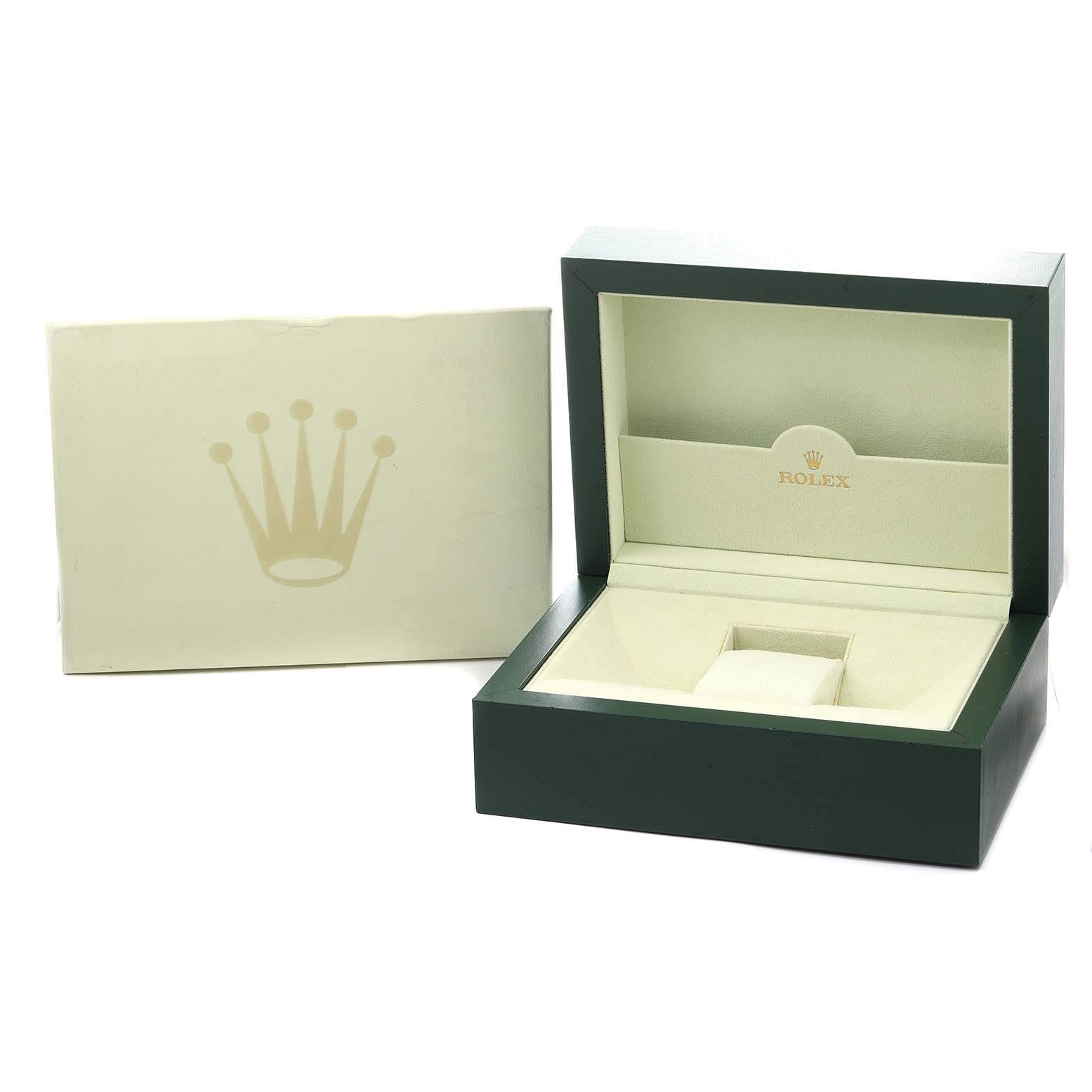 The image shows an open Rolex watch box for the Pearlmaster model, with a separate outer box, viewed from the front.