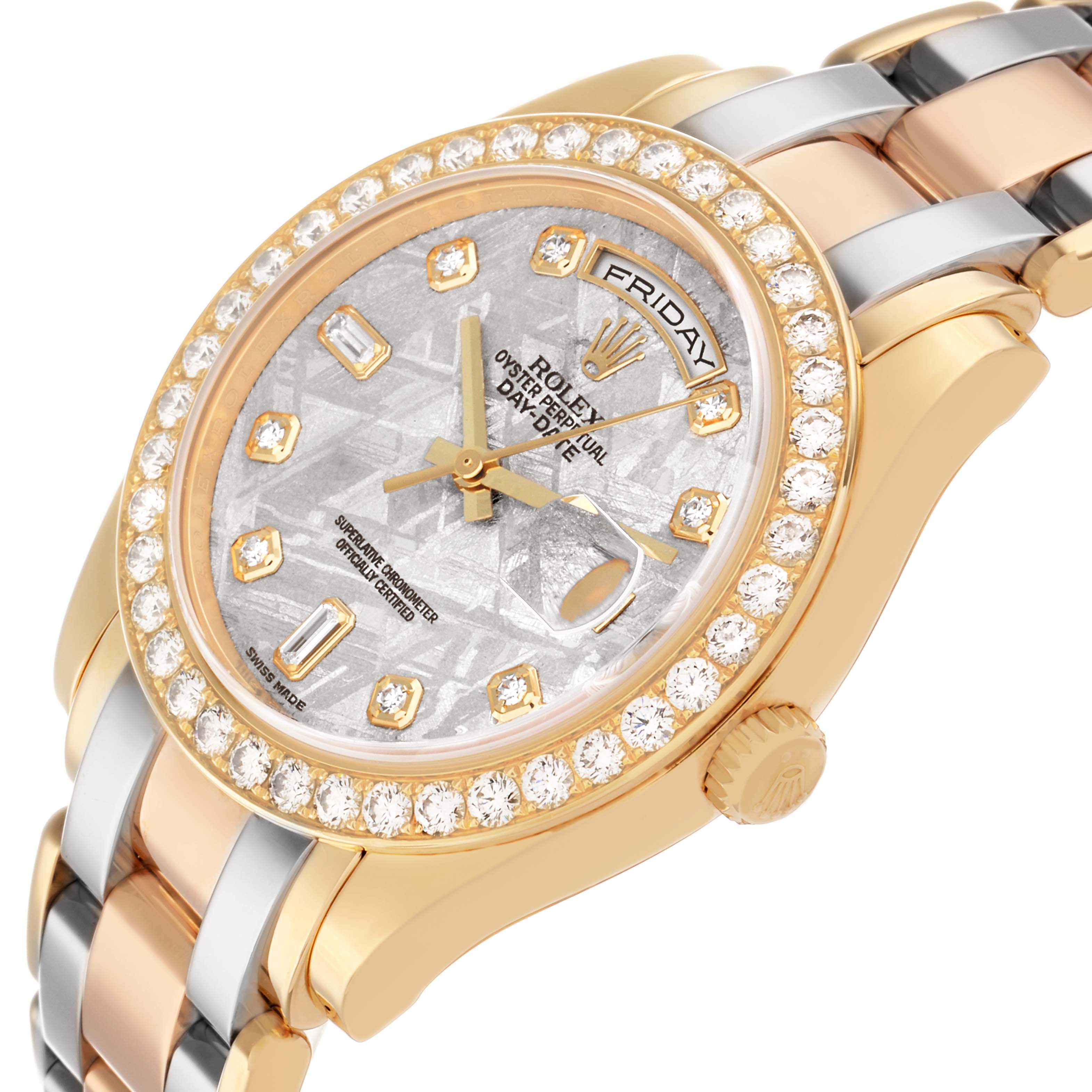 The Rolex Pearlmaster 18948 Men
s Yellow Gold Silver Dial watch is shown at an angled view, displaying the face, bezel, and part of the bracelet.