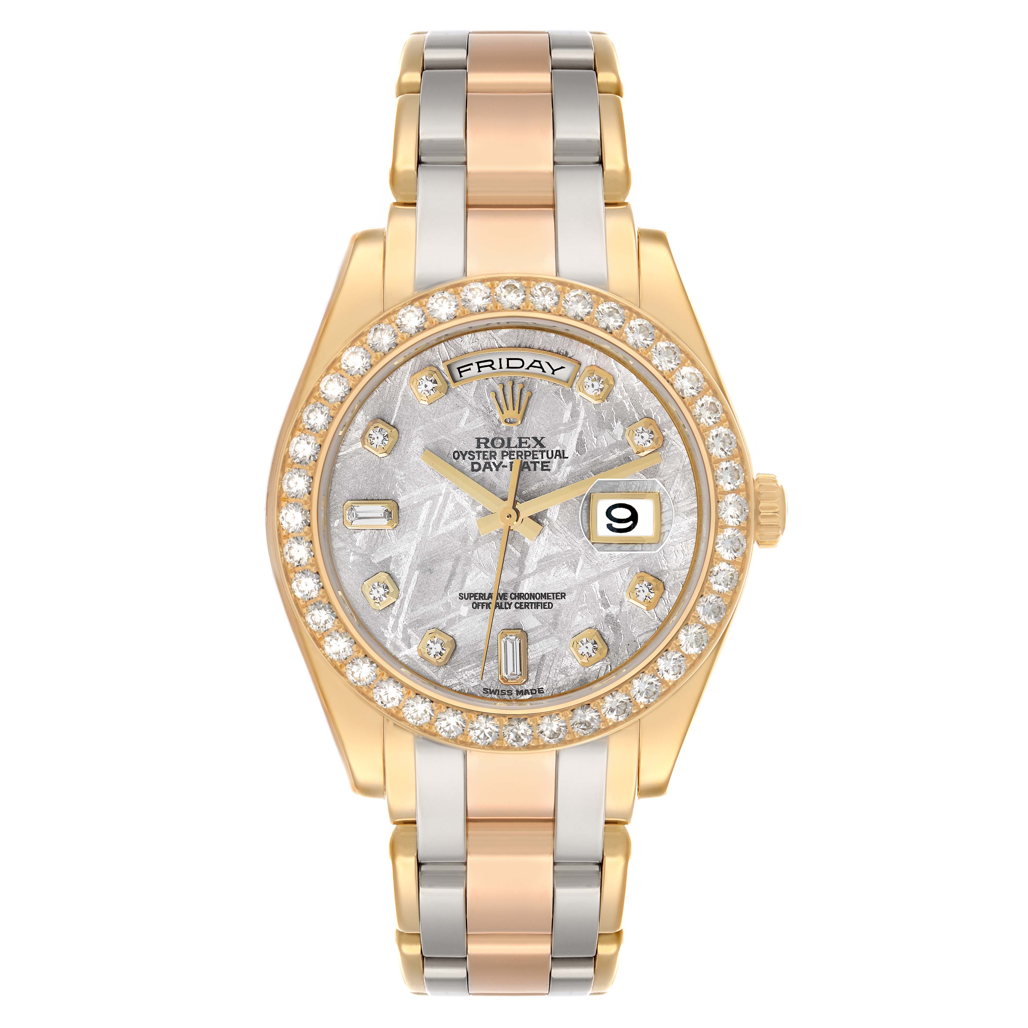 The Rolex Pearlmaster 18948 Men
s Yellow Gold Silver Dial watch is shown from the front, highlighting its diamond bezel, dial, and bracelet.