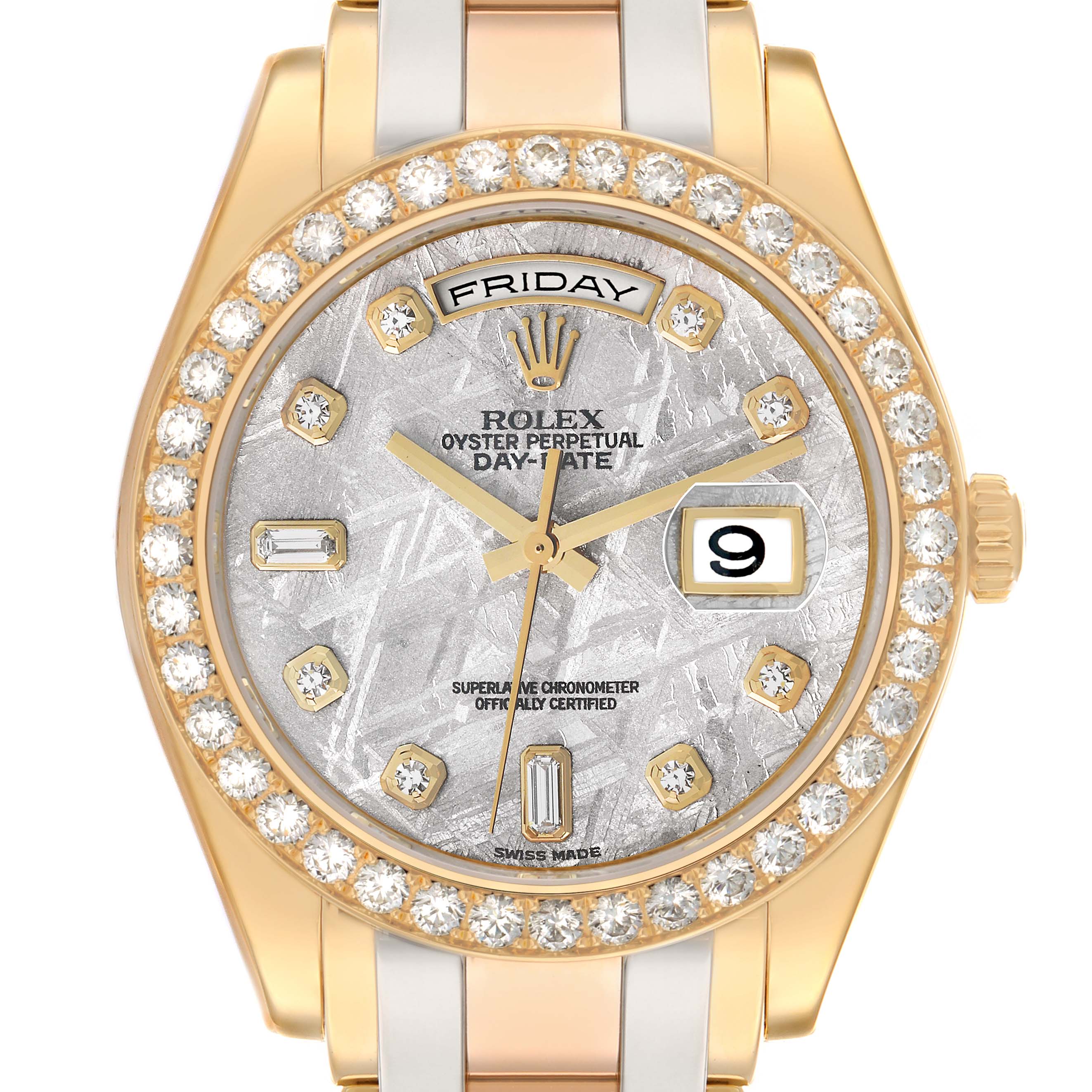 The Rolex Pearlmaster 18948 Men
s Yellow Gold Silver Dial watch is shown from the front, highlighting its gold case, diamond bezel, and dial.