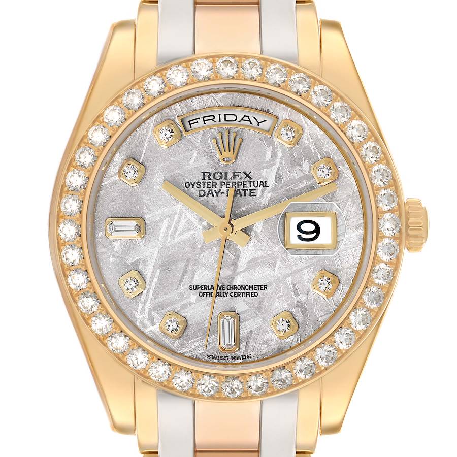 The Rolex Pearlmaster 18948 Men's Yellow Gold Silver Dial watch is shown from the front, highlighting its gold case, diamond bezel, and dial.