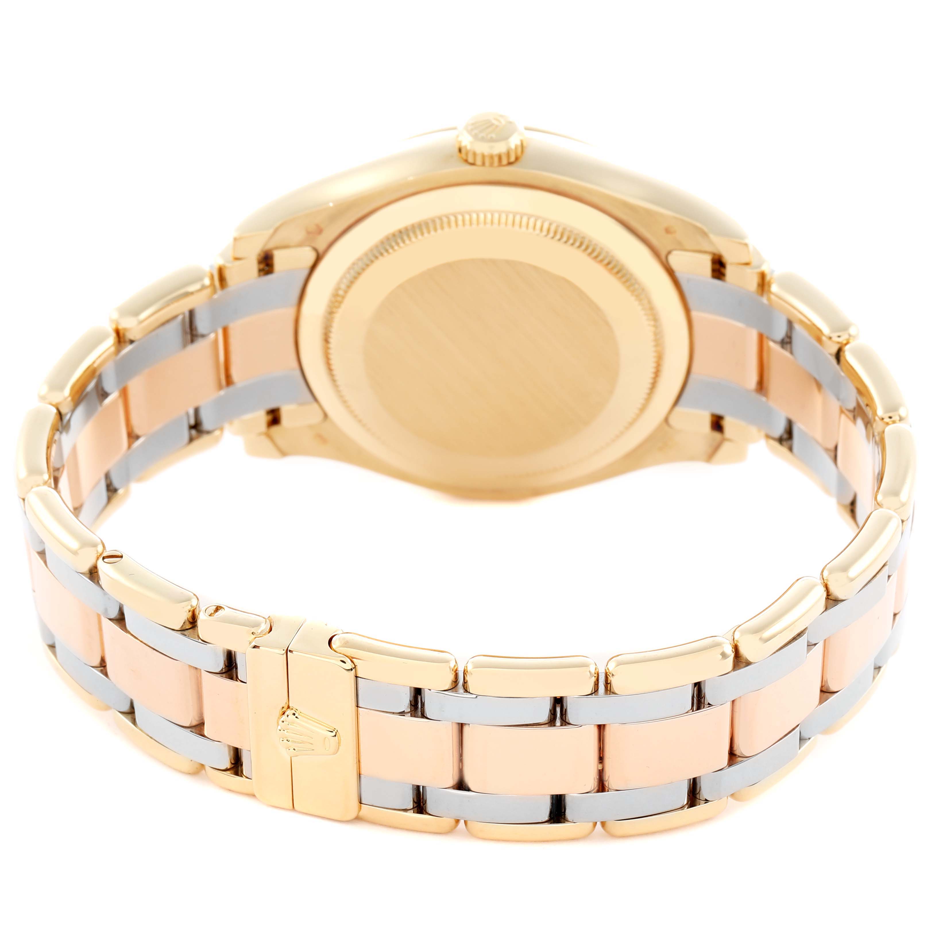 The Rolex Pearlmaster 18948 Men
s Yellow Gold Silver Dial watch is shown from the back, highlighting the case back and bracelet.