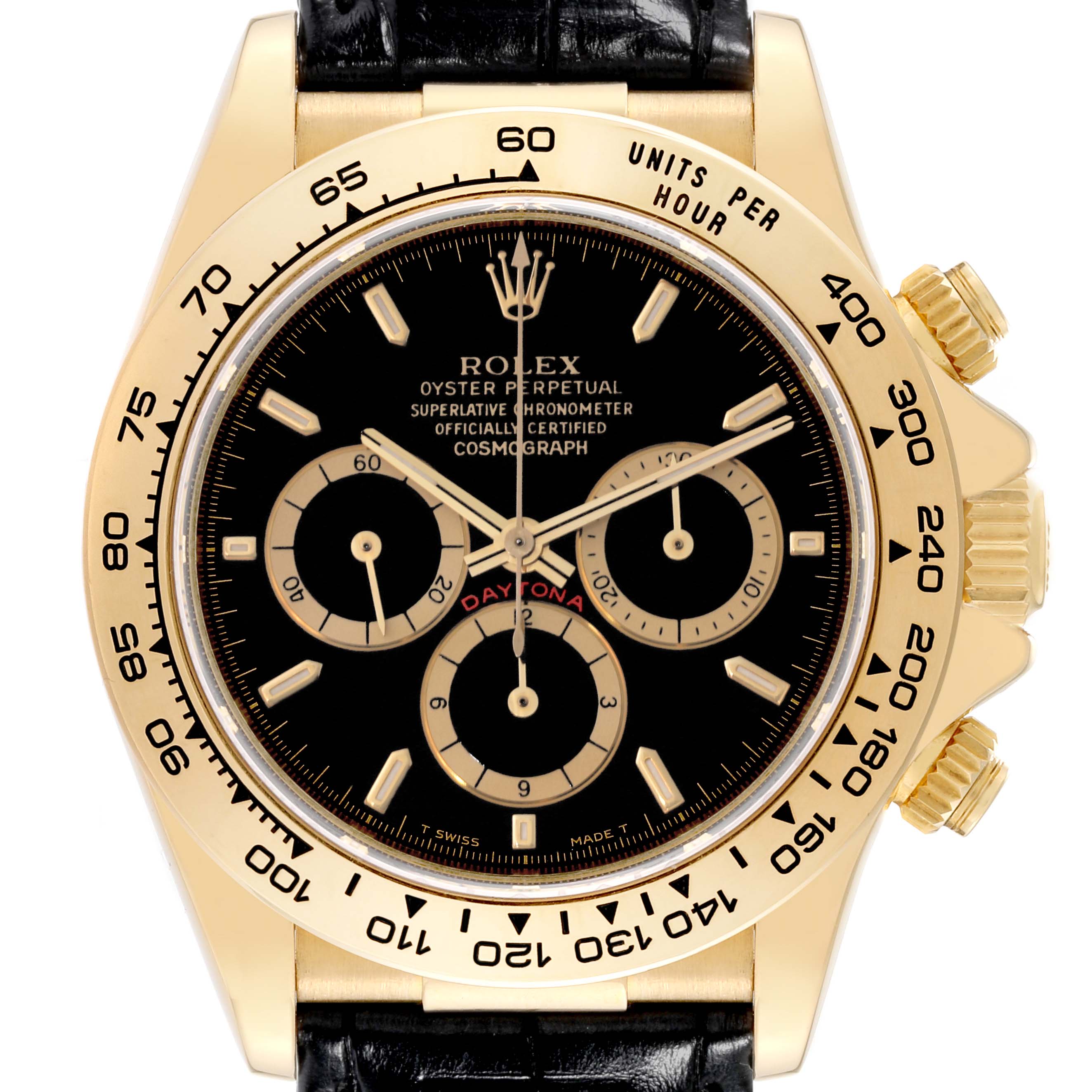 This image shows a front angle of the Rolex Daytona 16518 Men's Yellow Gold Black Dial 16518 Men's Yellow Gold Black Dial watch, displaying the dial, bezel, and crown.