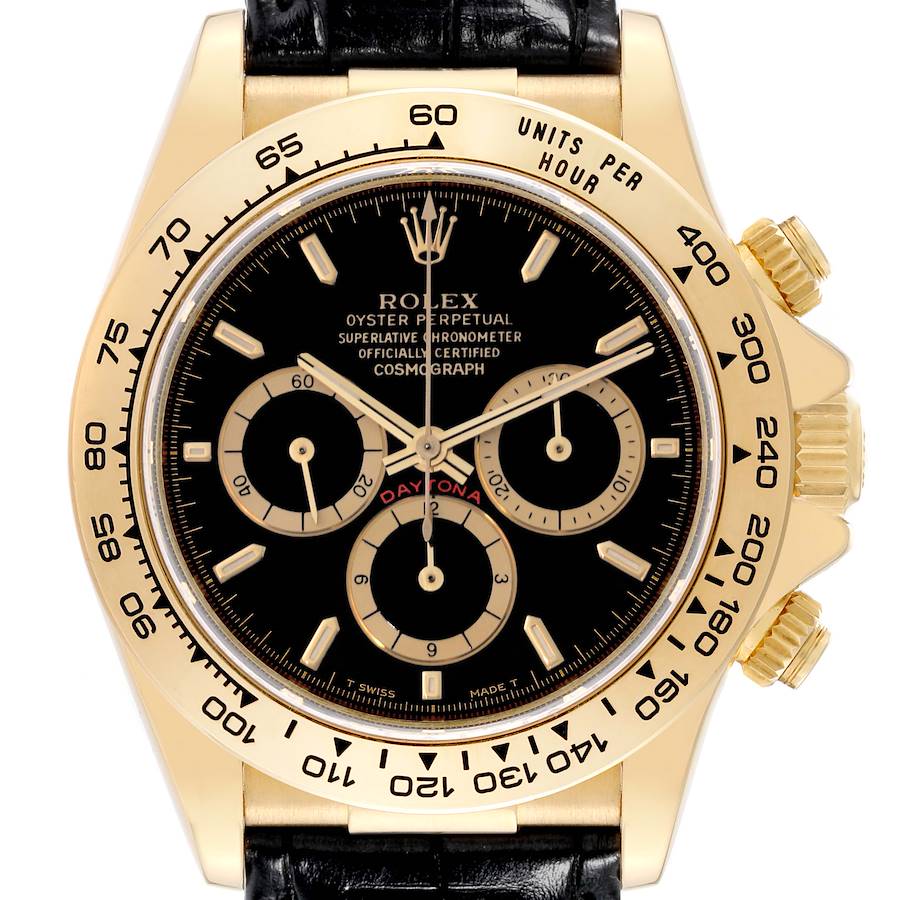 Rolex Daytona Chronograph Black Dial Yellow Gold Mens Watch 16518 SwissWatchExpo